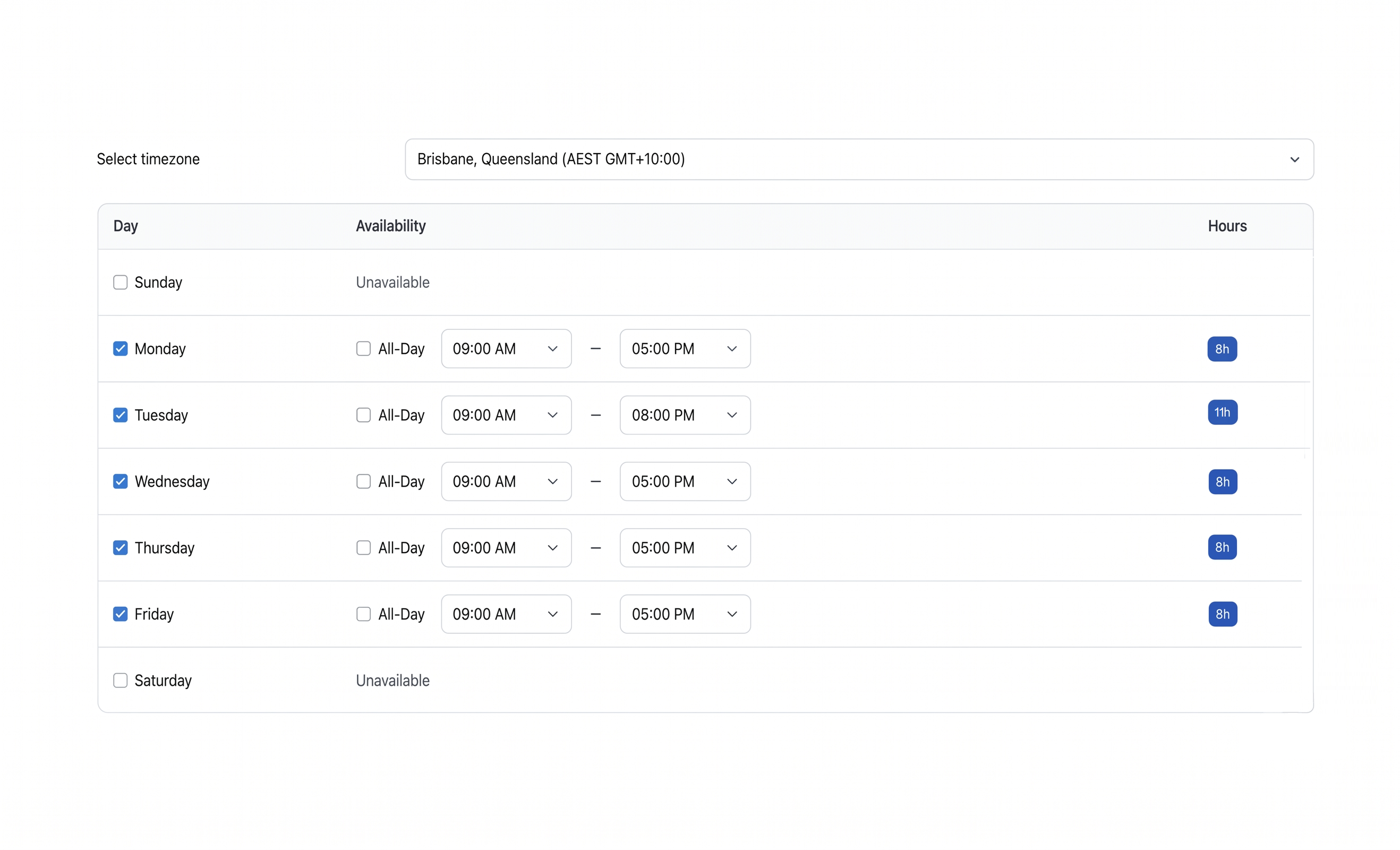 Configuring business hours per day of the week