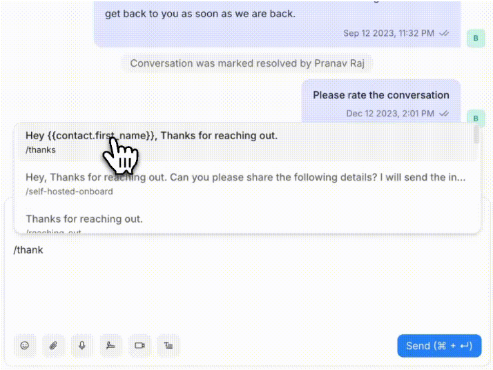 Triggering a canned response from the reply box