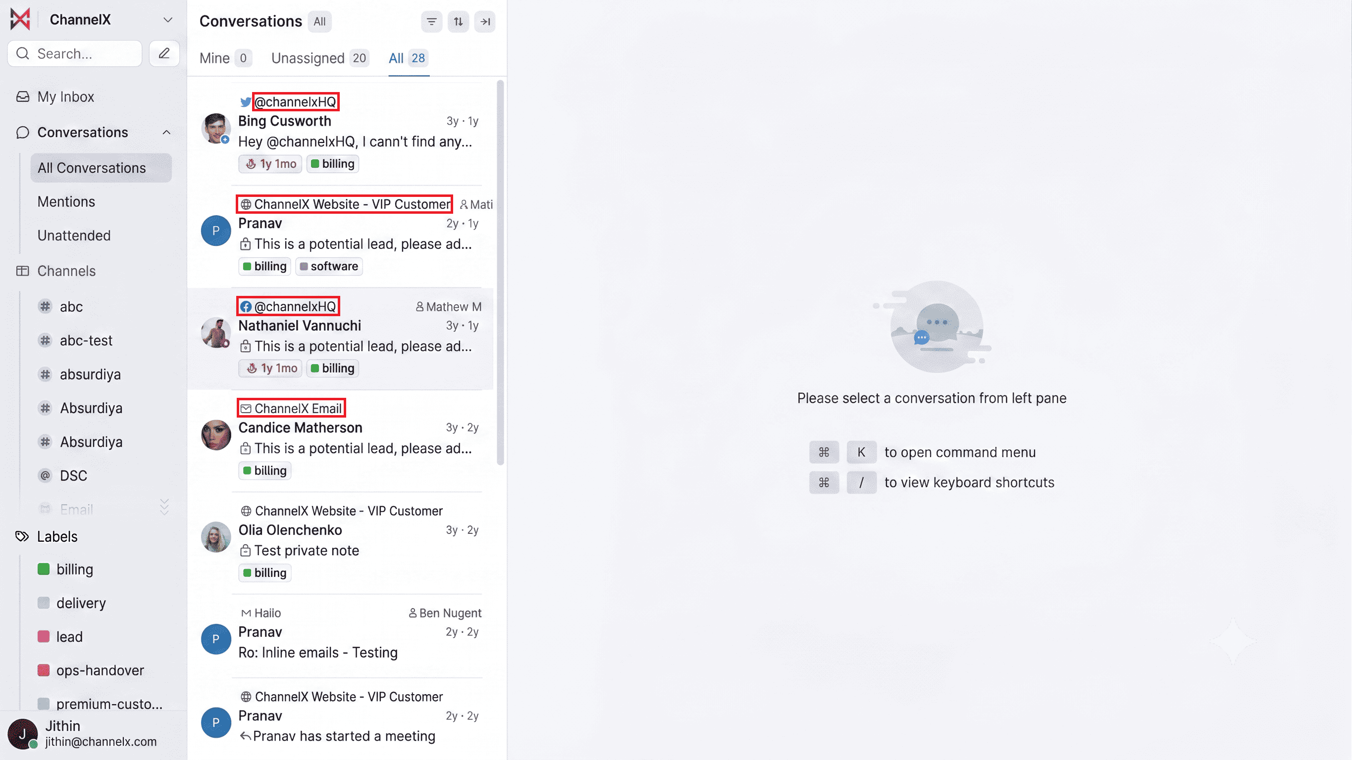 The ChannelX conversation dashboard