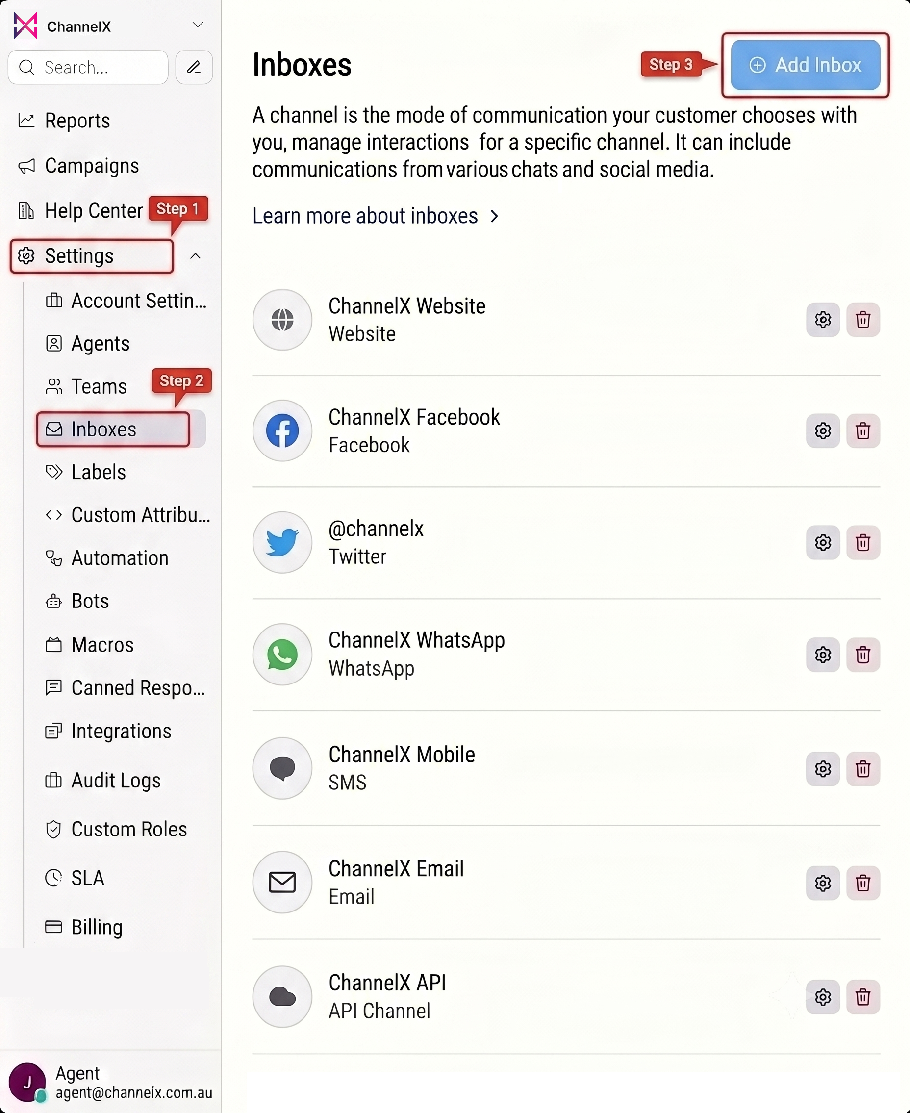 Settings → Inboxes, with the Add Inbox button