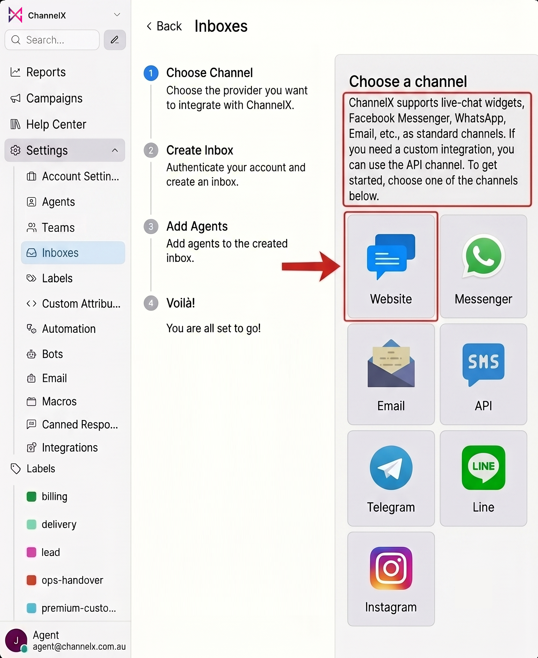 Choosing a channel type when creating an inbox