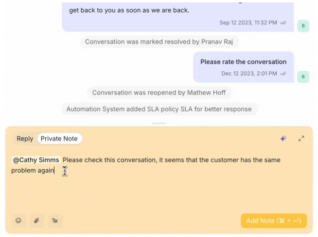 A private note with an @mention inside a conversation