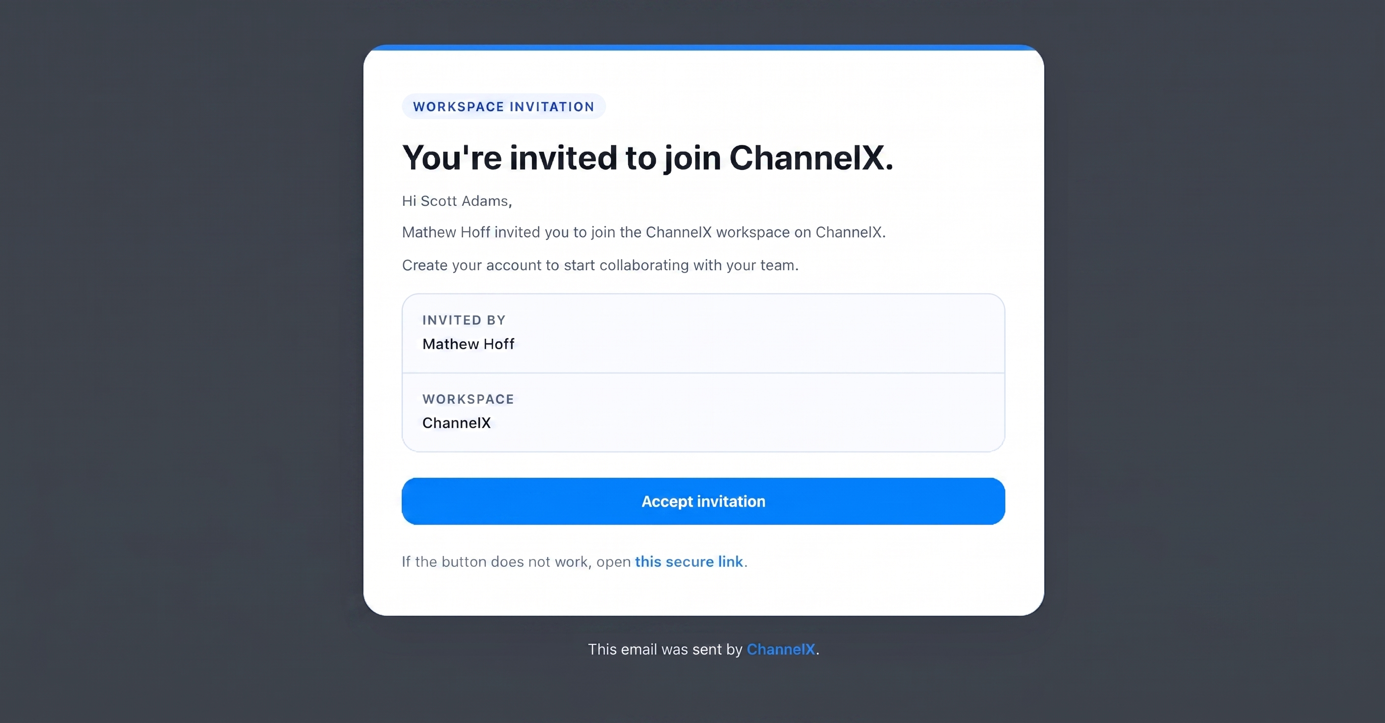 The workspace invitation email the new agent receives