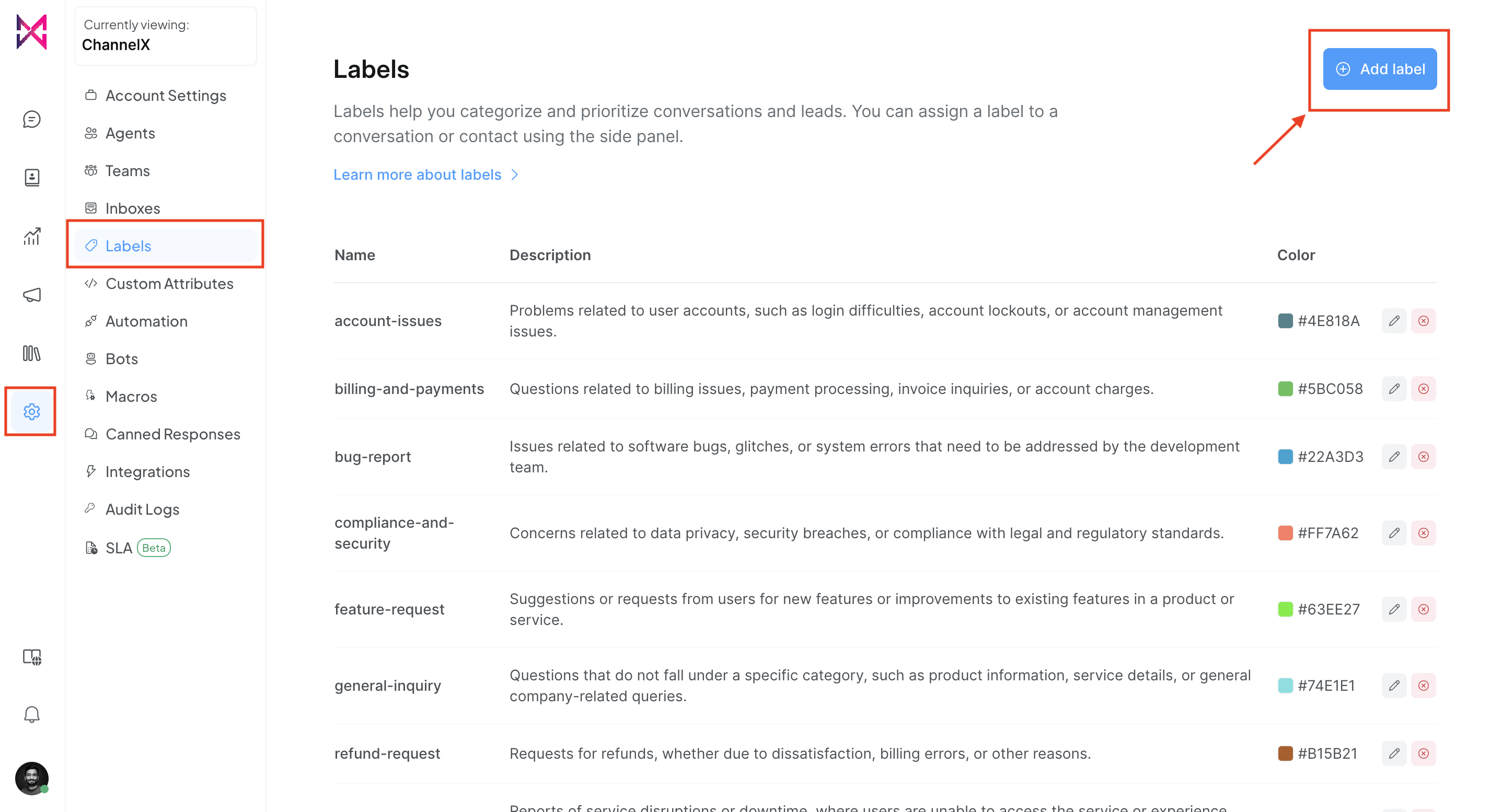 The Labels list in Settings