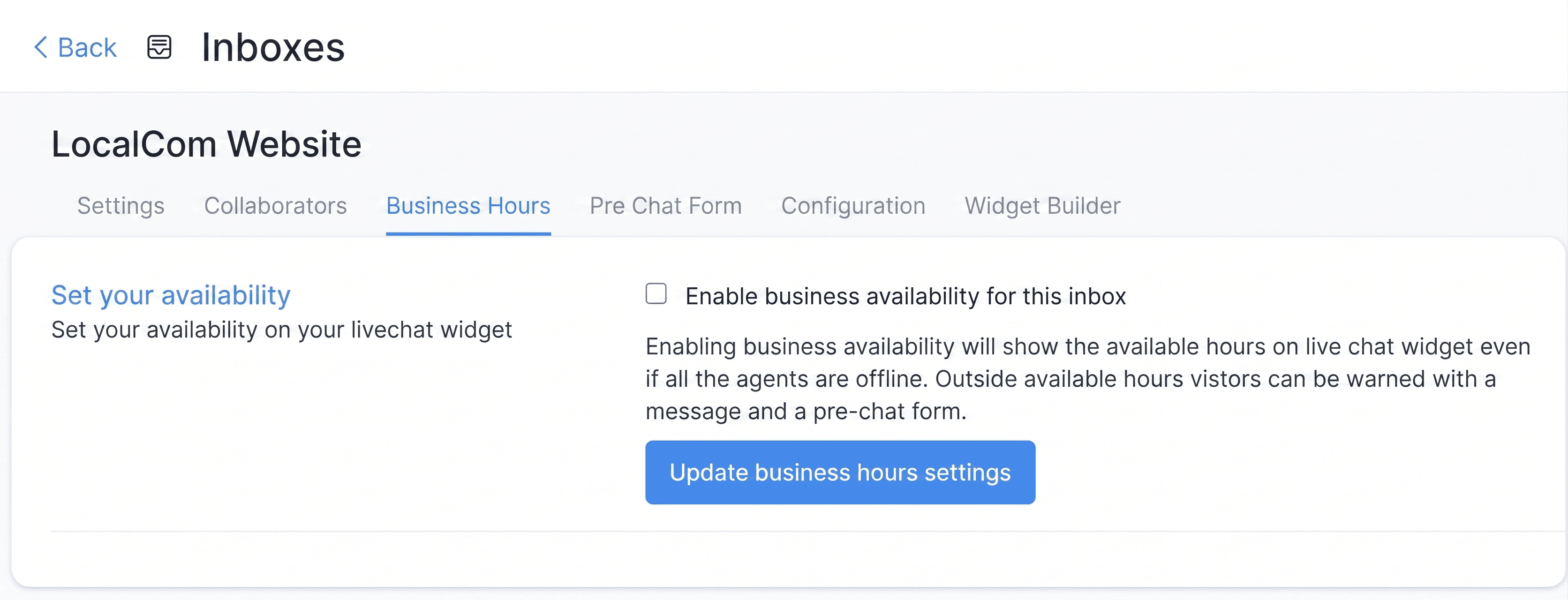 Website inbox settings