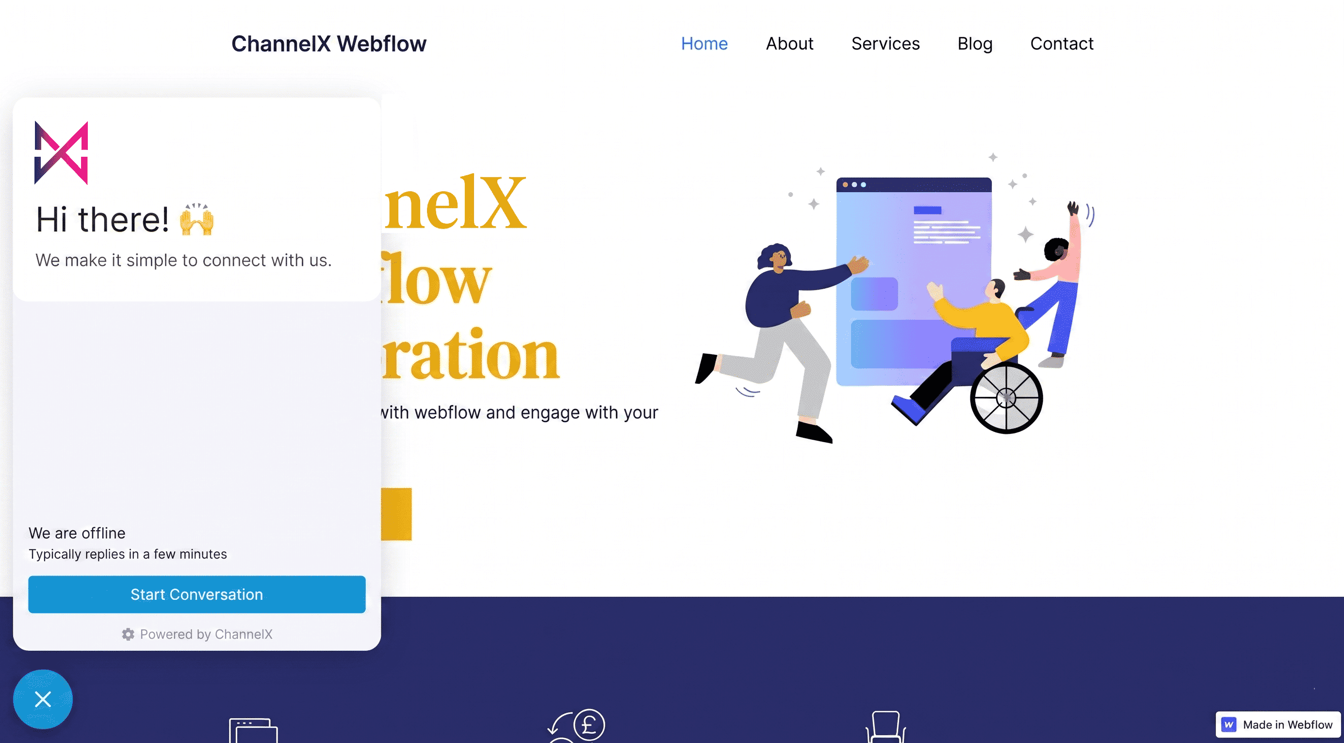 ChannelX live chat widget on a Webflow website