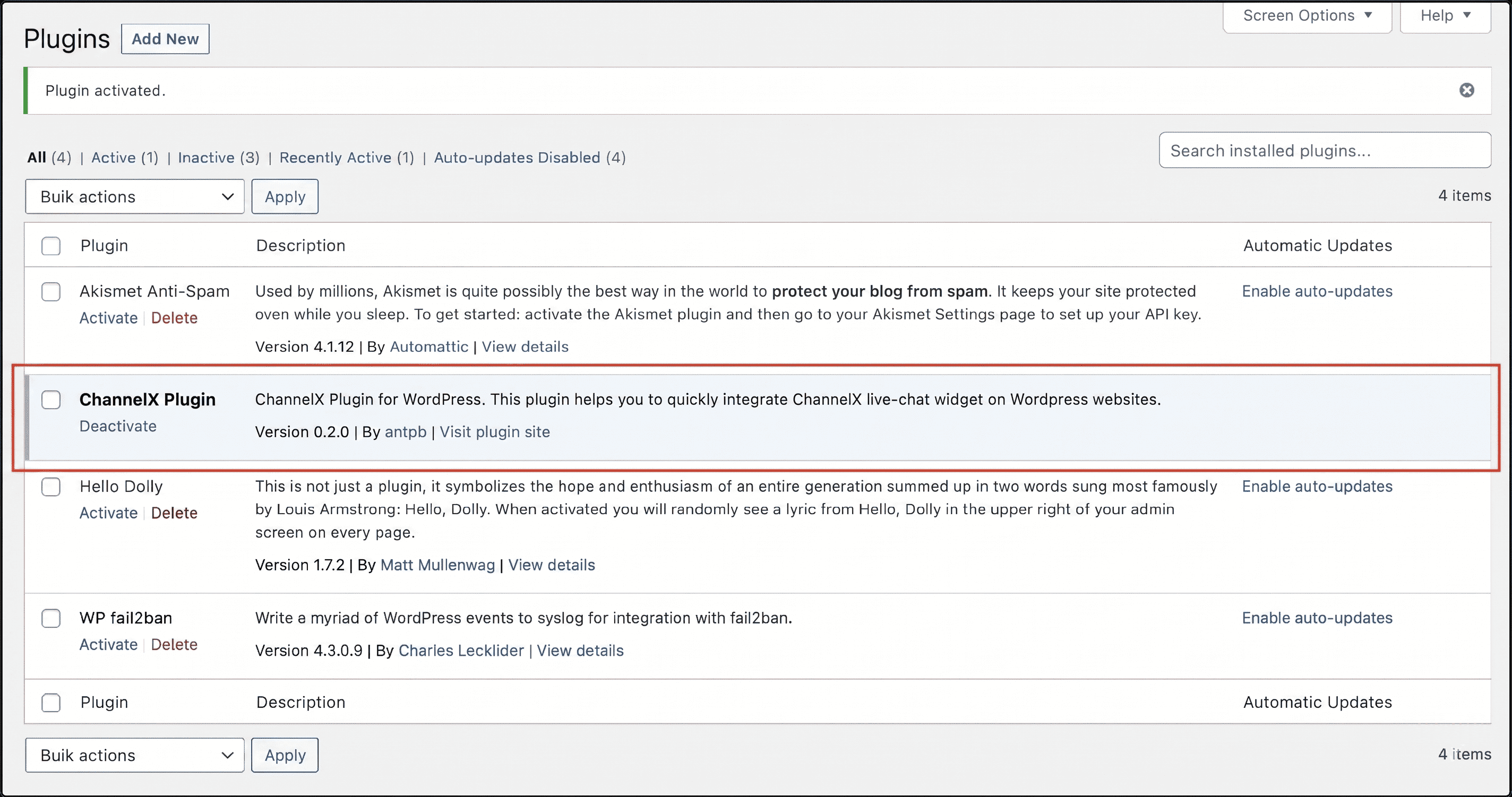 ChannelX plugin installed in WordPress