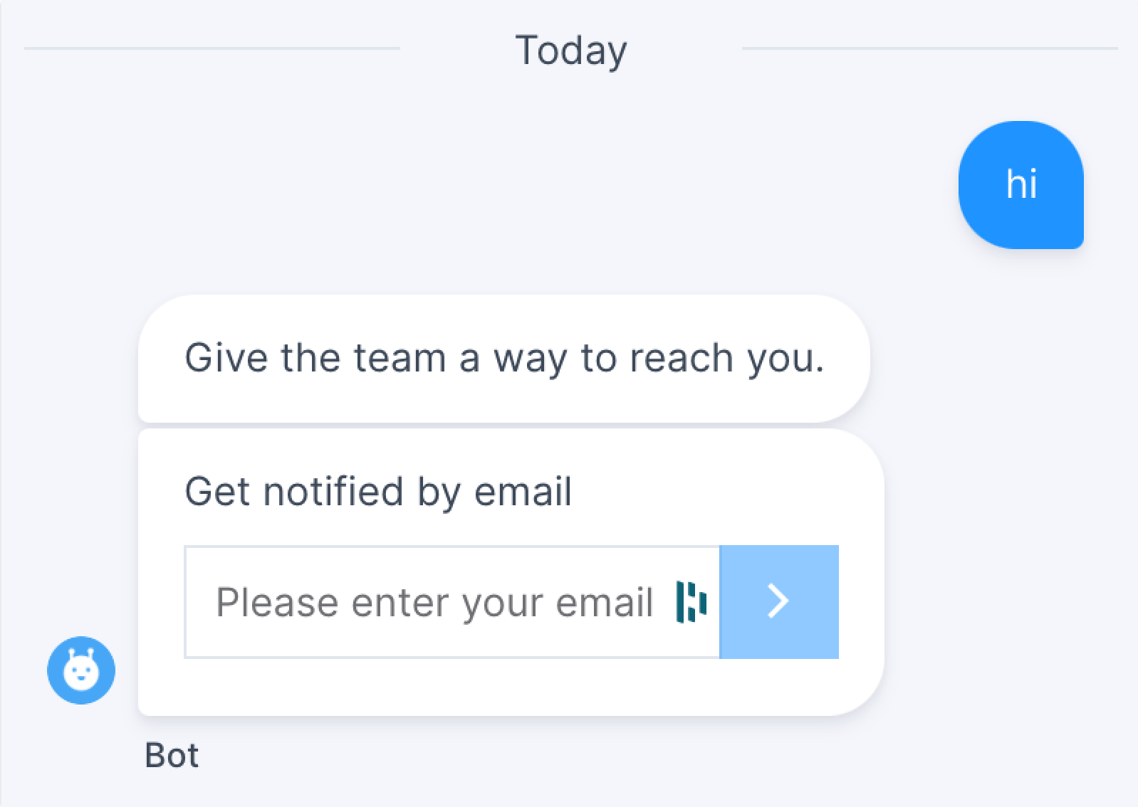 The email collect prompt shown inside the live chat widget