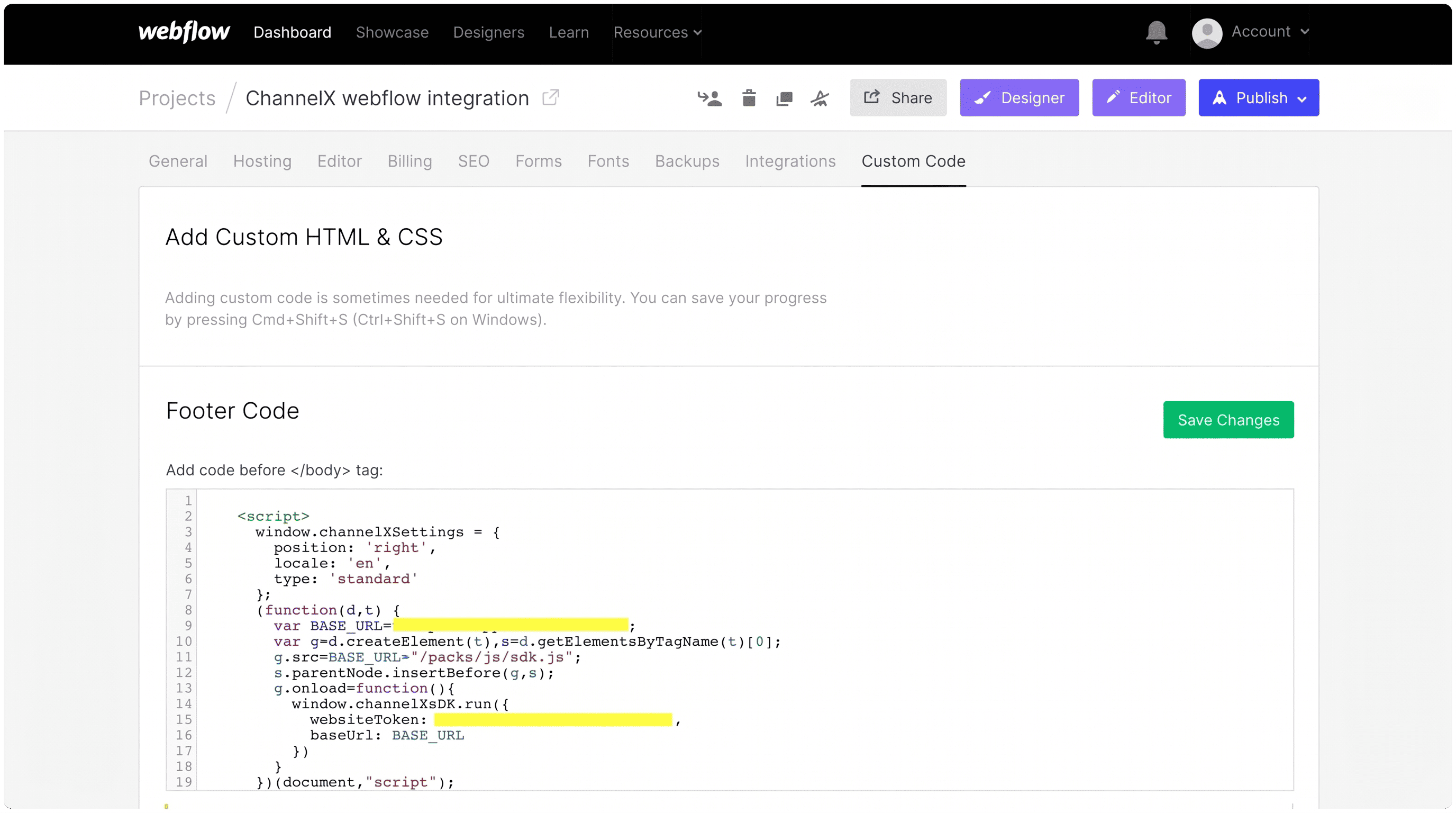 The ChannelX script snippet for the footer