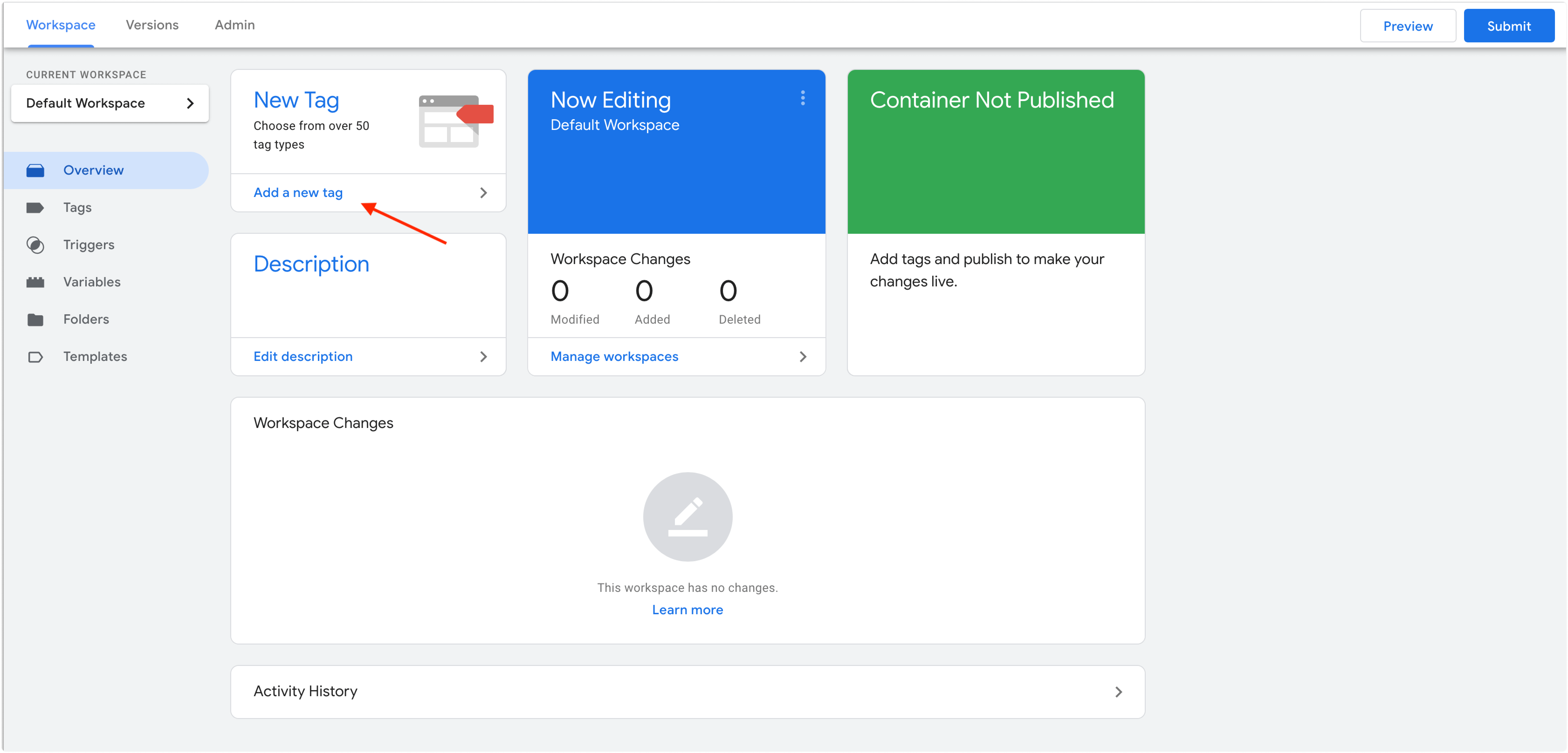 The Google Tag Manager workspace