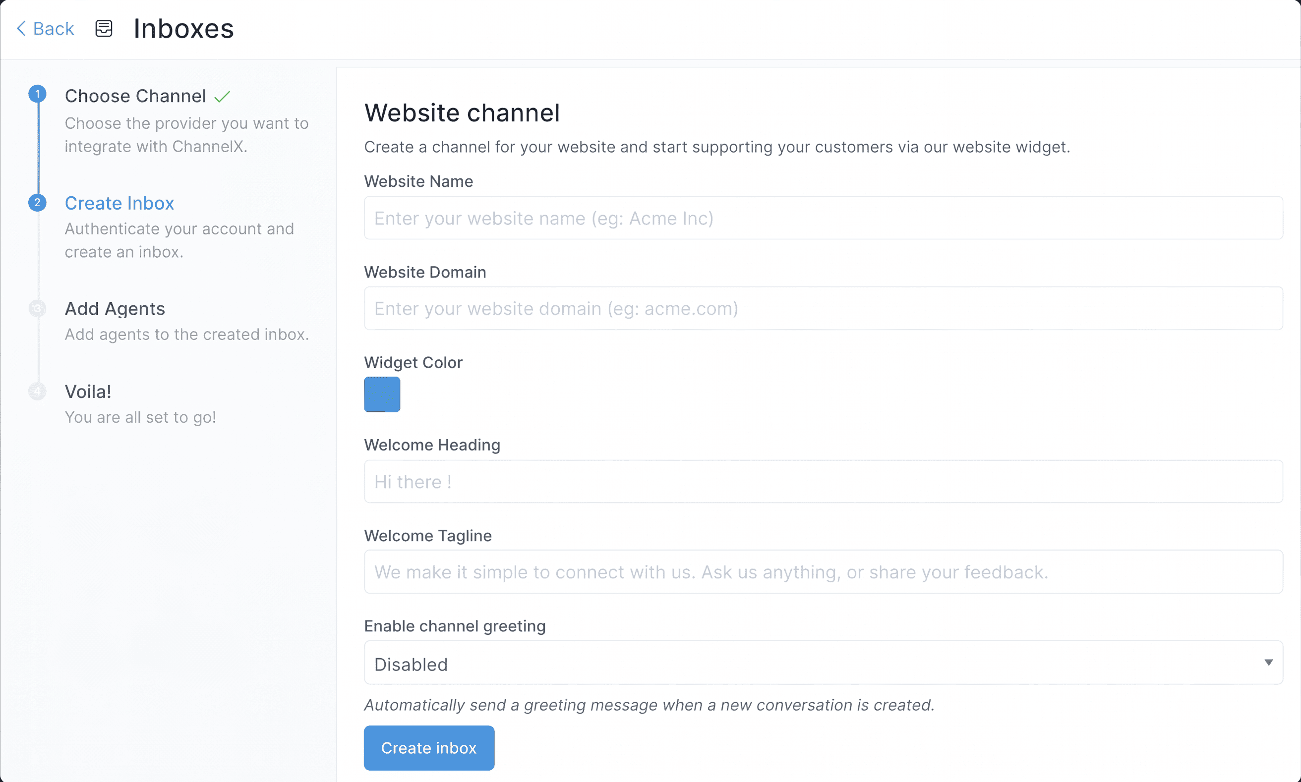 Website inbox settings