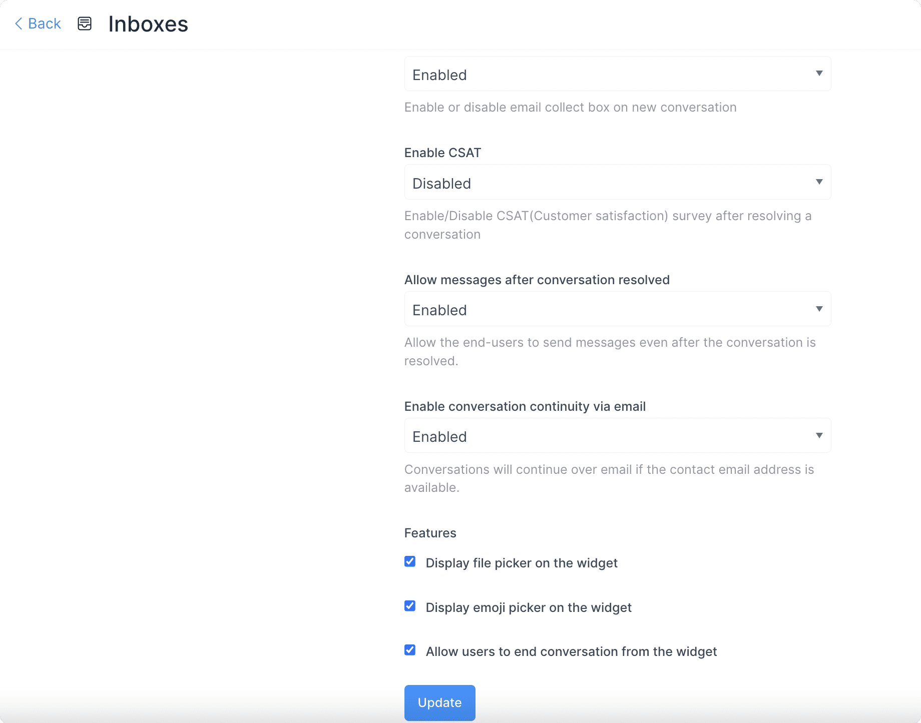 Website inbox settings