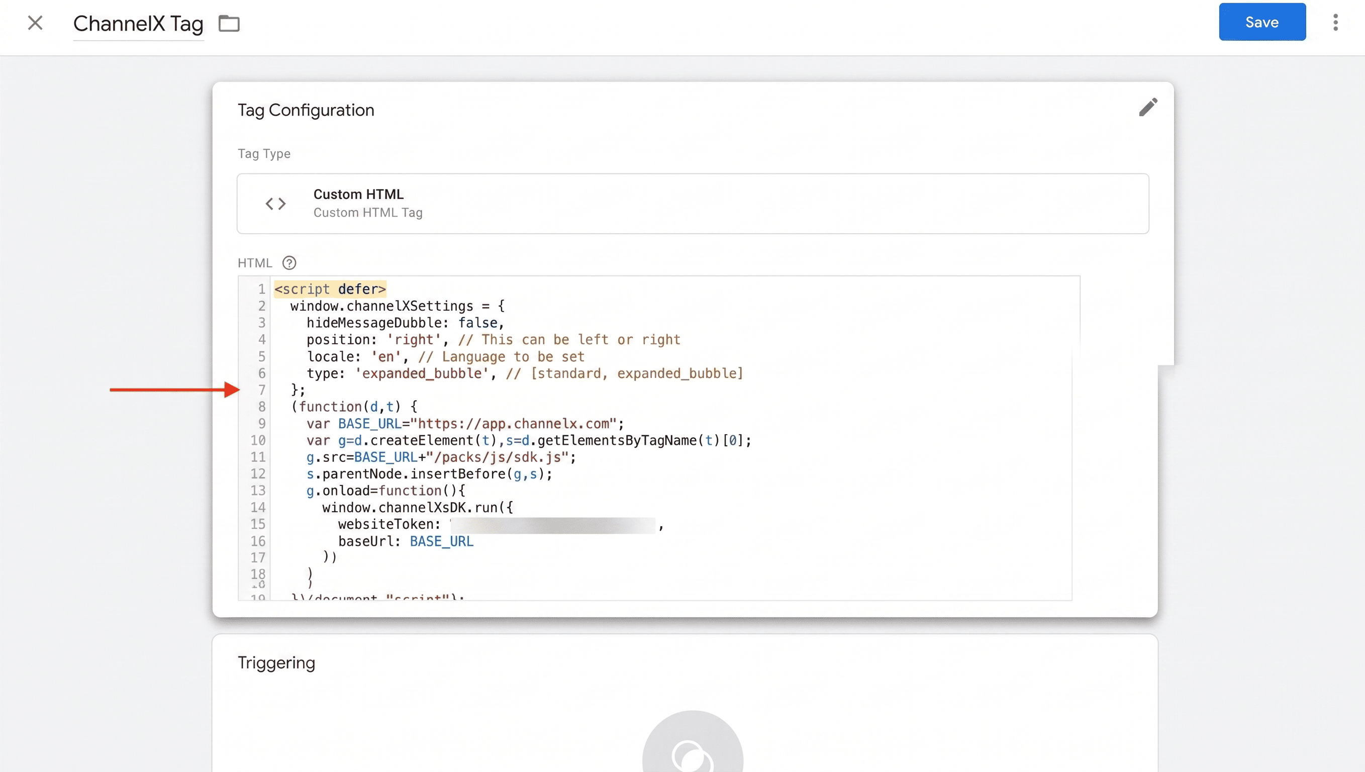 The ChannelX script tag ready to deploy