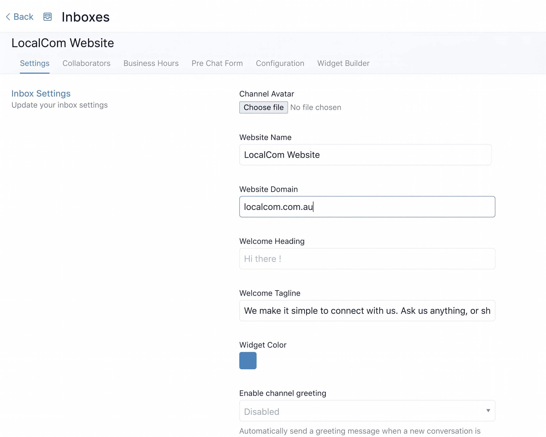 Website inbox settings