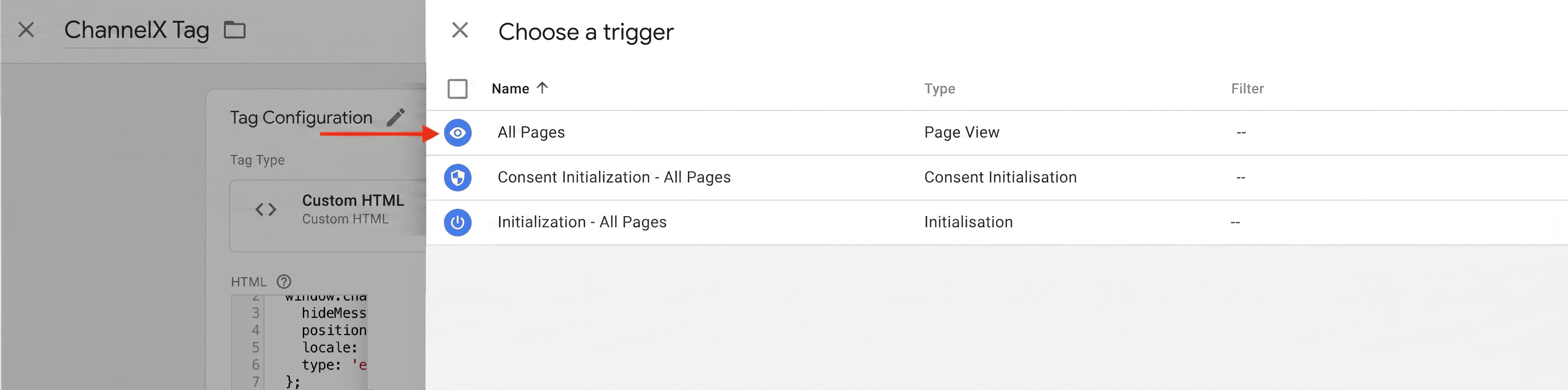 Configuring the trigger for the ChannelX tag in GTM
