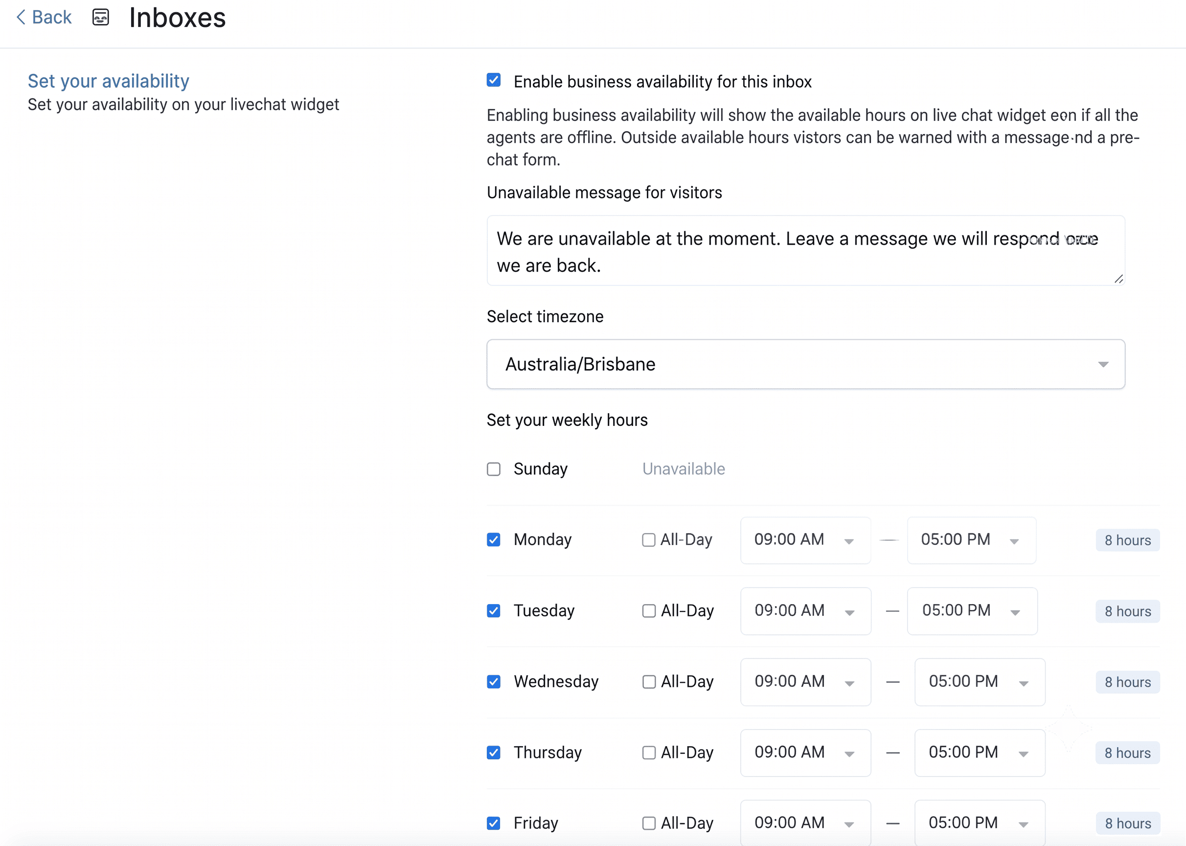 Website inbox settings
