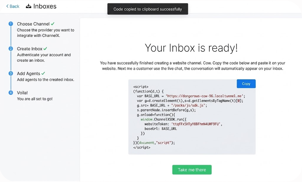 The Vue.js script for integrating the ChannelX website inbox