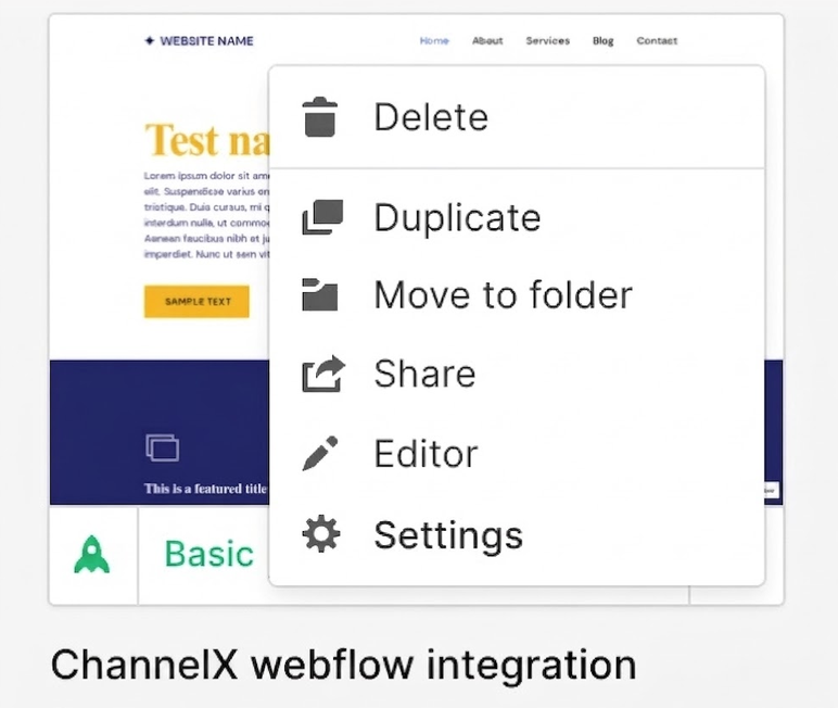 Webflow custom code settings with the ChannelX script in the Footer Code field