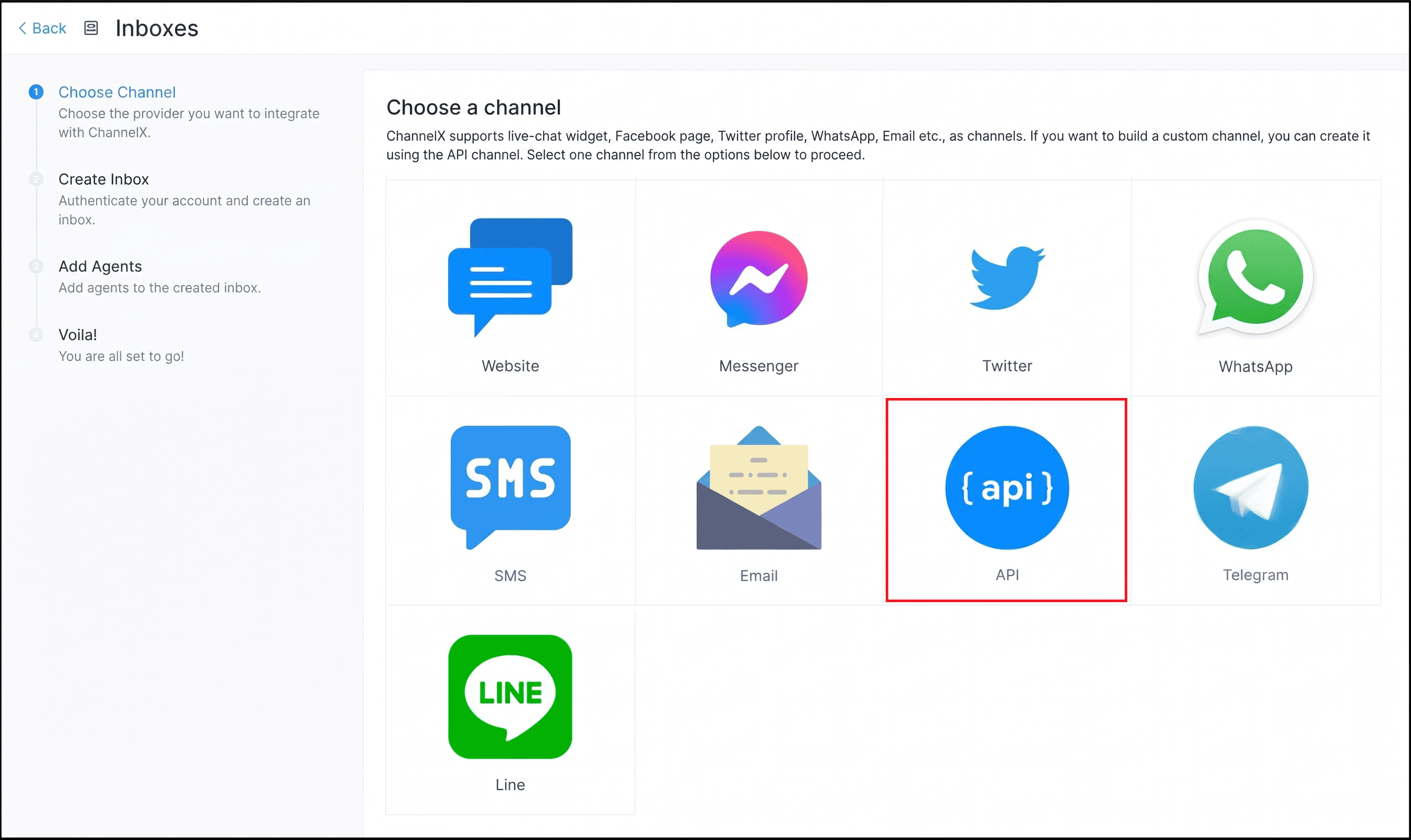 The configured API inbox in ChannelX