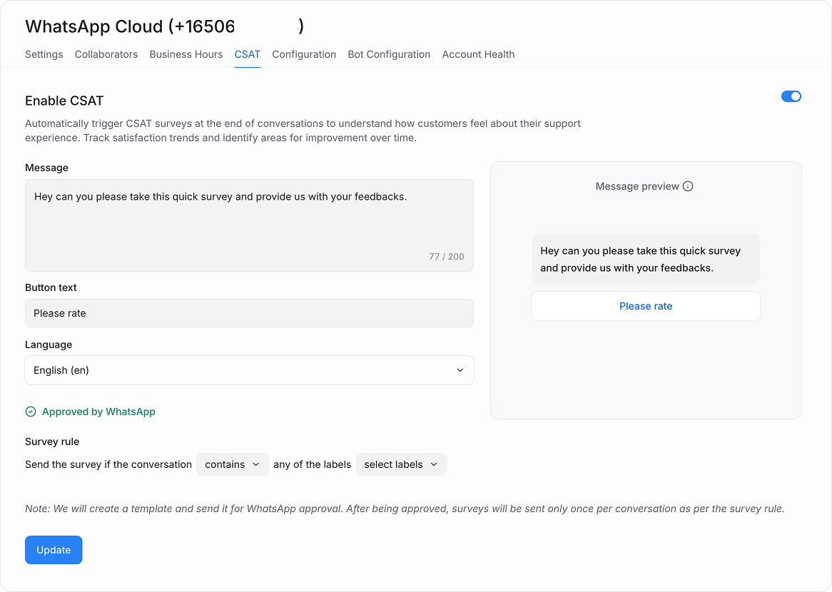CSAT survey enabled on the WhatsApp inbox