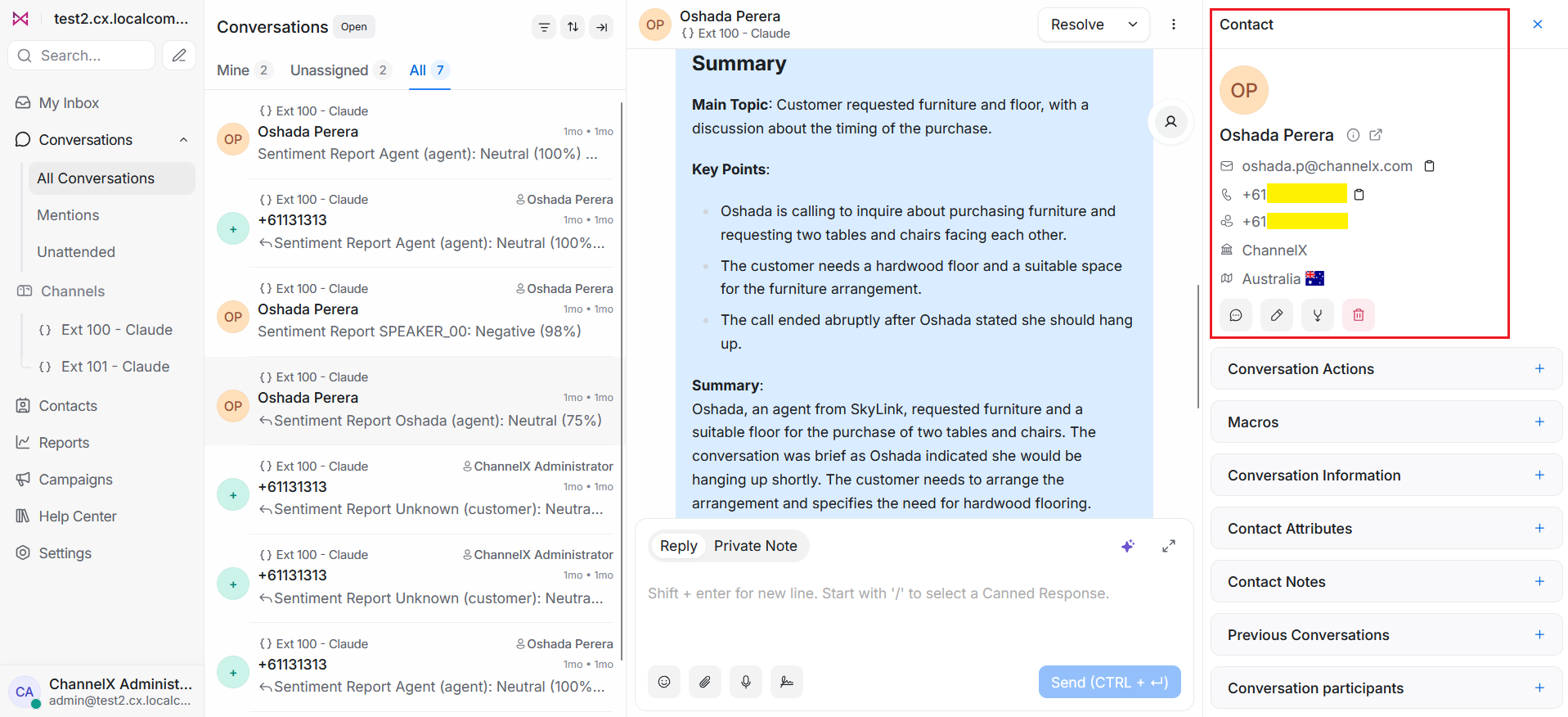 A voice call conversation with a contact in ChannelX