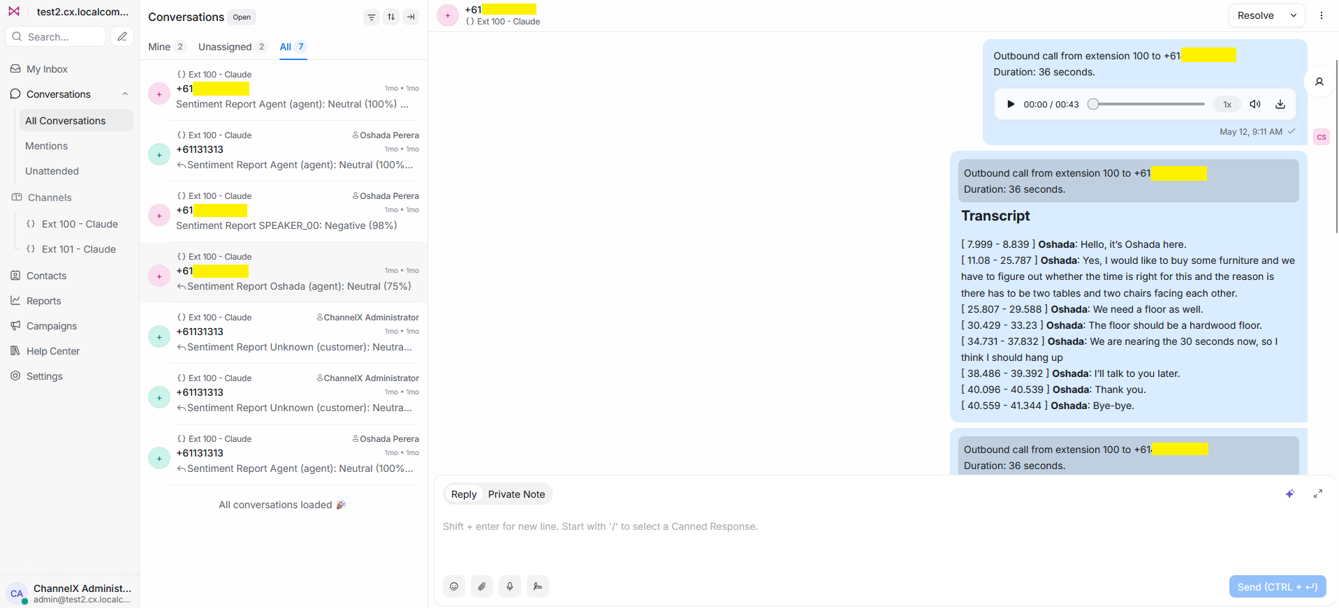 A call transcription in ChannelX