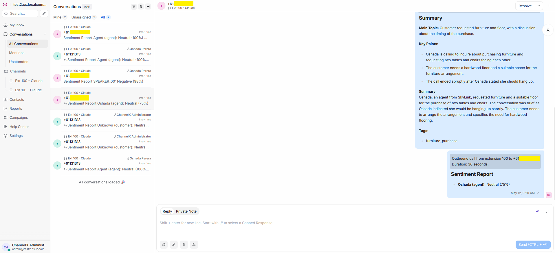 AI-generated call summary and sentiment analysis in ChannelX