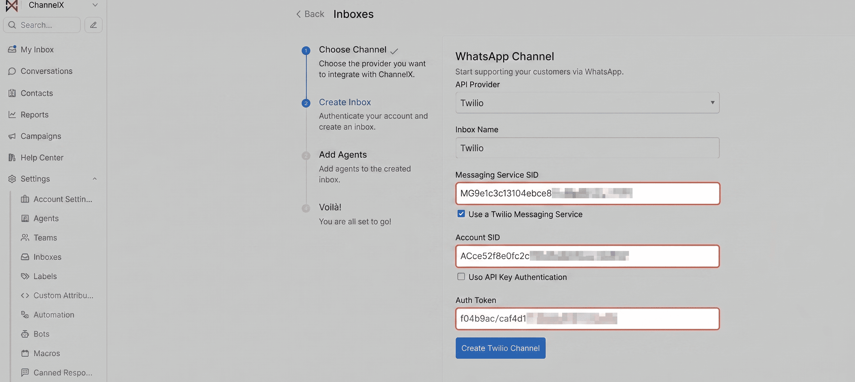 ChannelX Account ID, Message Service ID, and Token fields