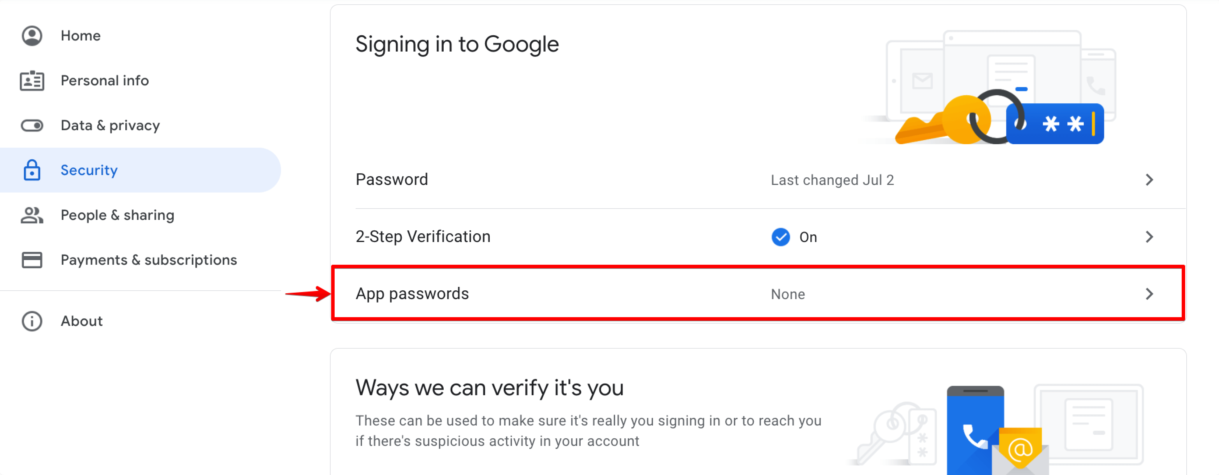 Generating an app password in Google Account security