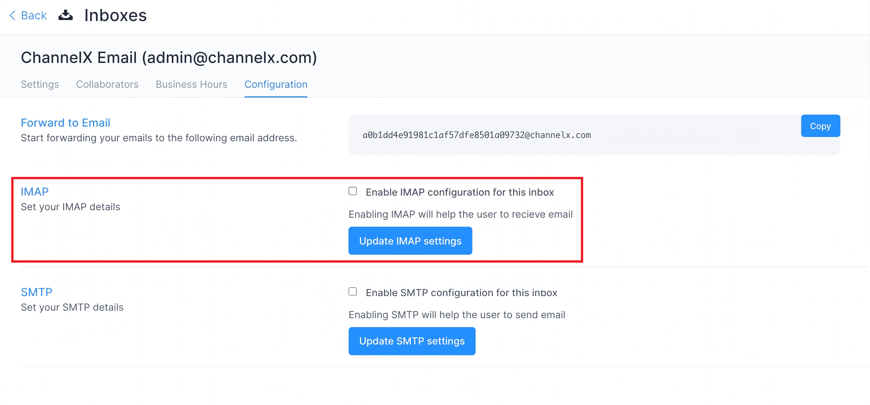 Configuring IMAP settings in ChannelX