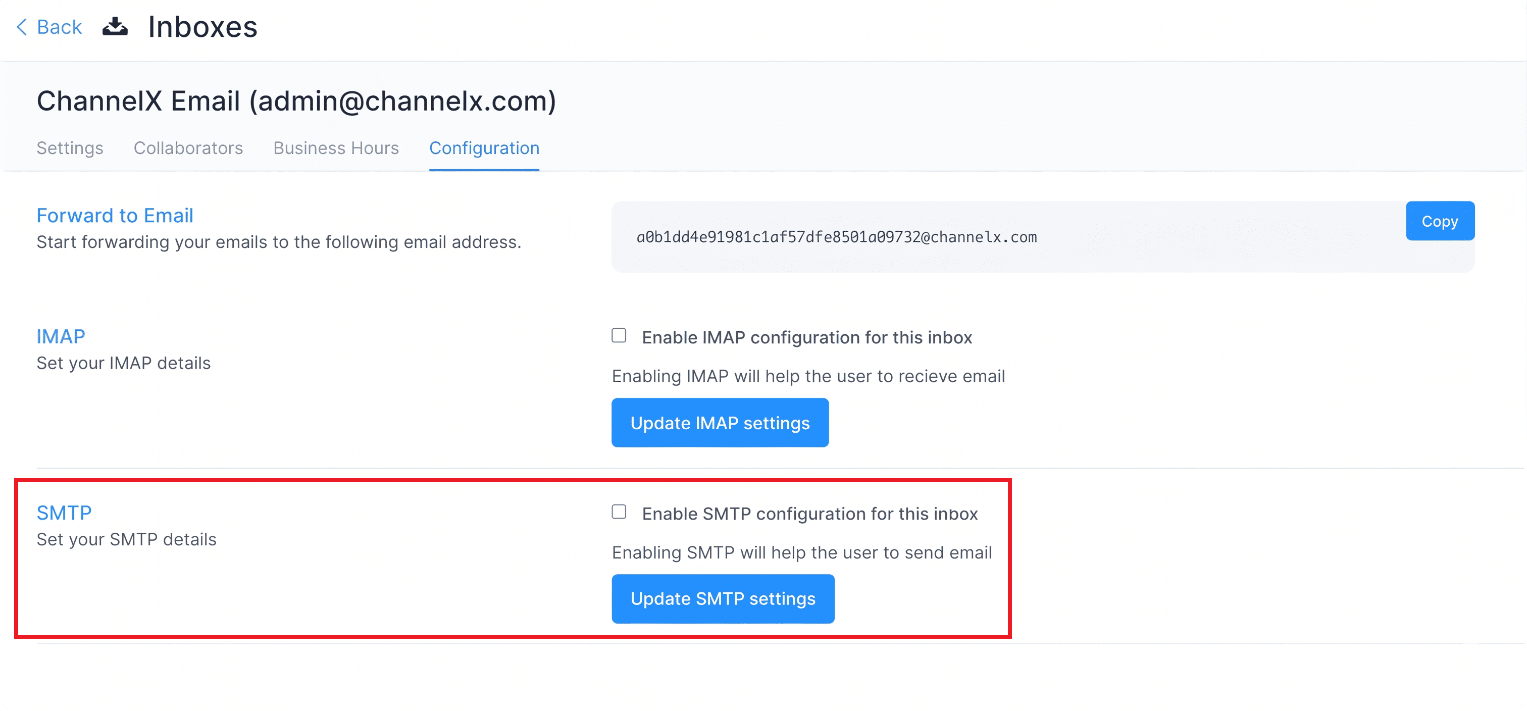 Configuring SMTP settings in ChannelX