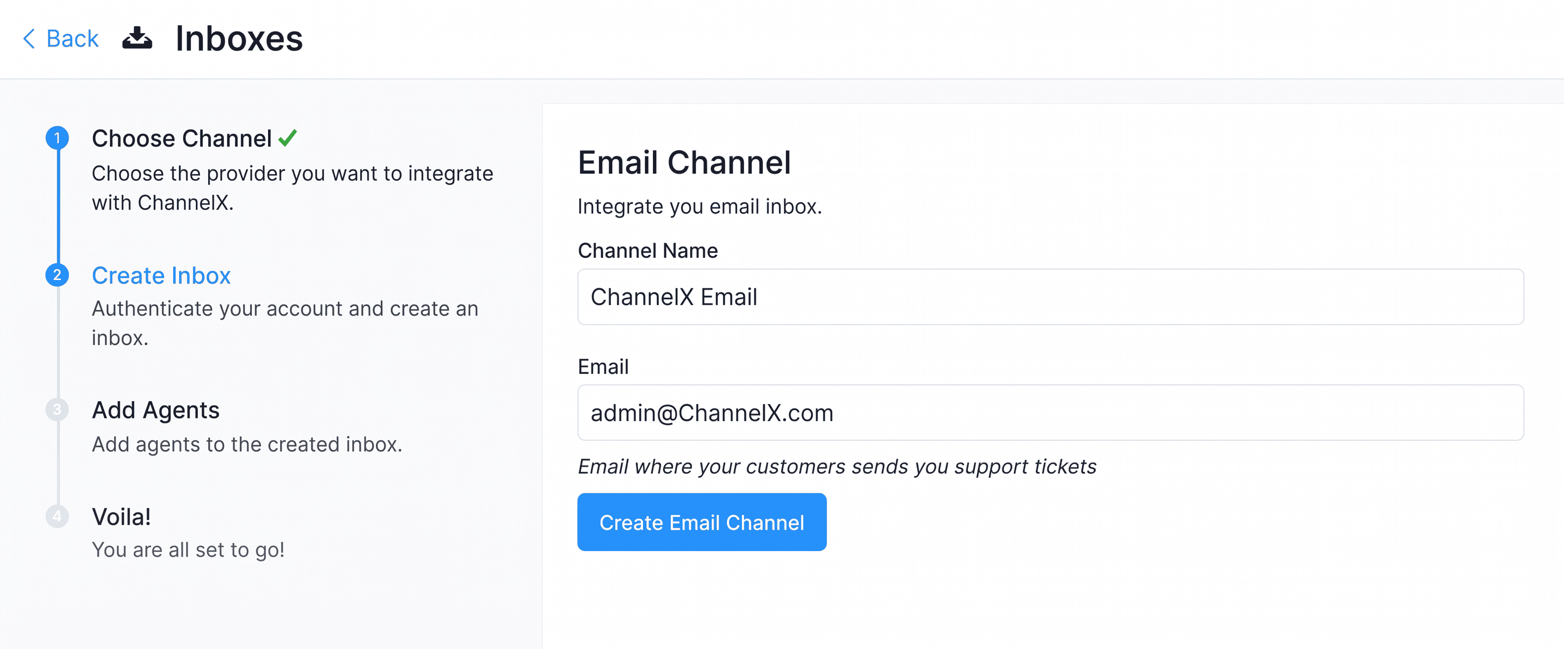 The Create Email Channel form
