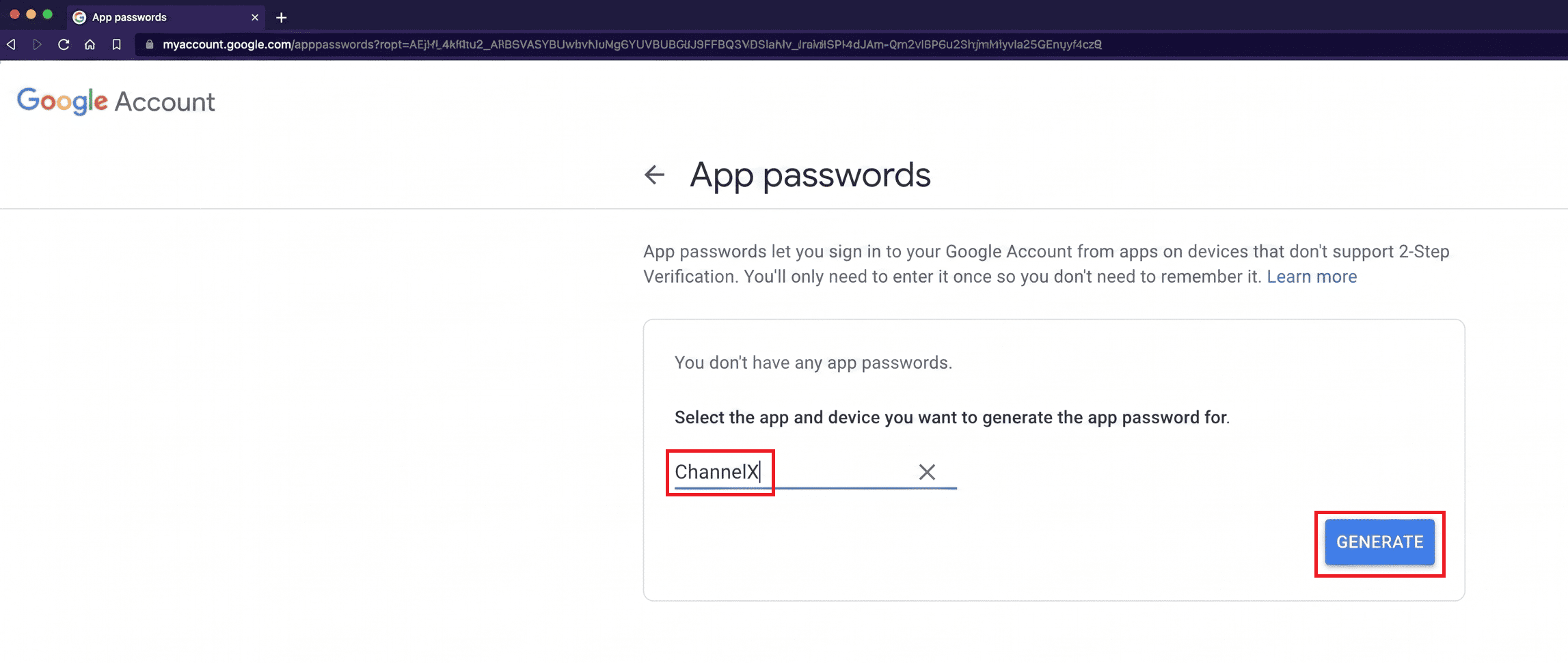 Setting a custom name and generating a password