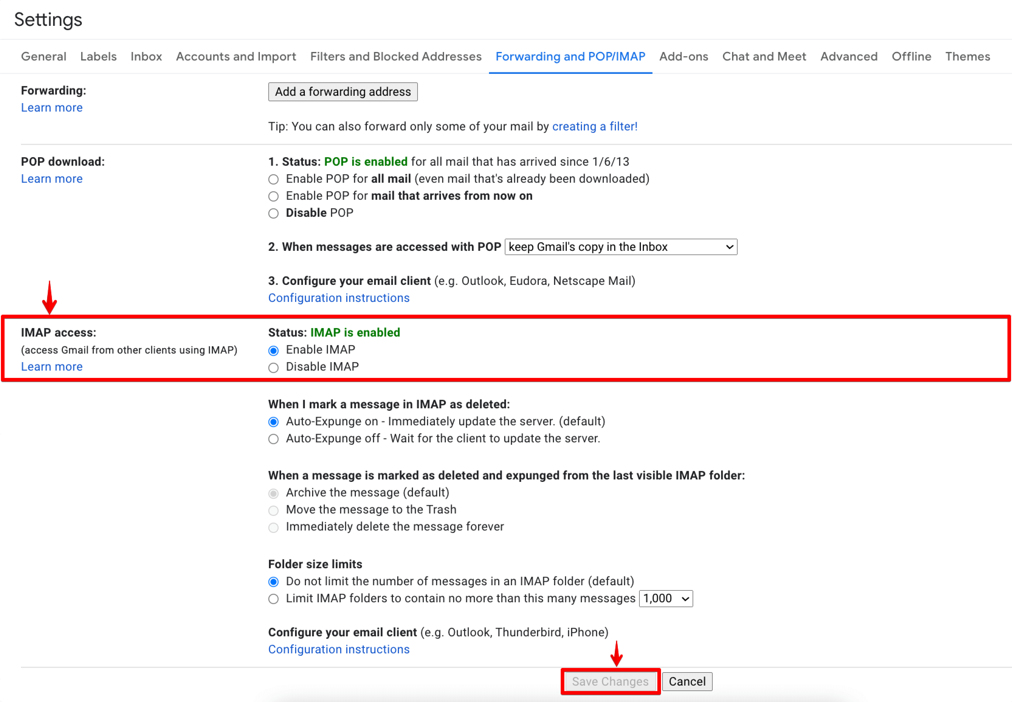 Enabling IMAP access in Gmail settings