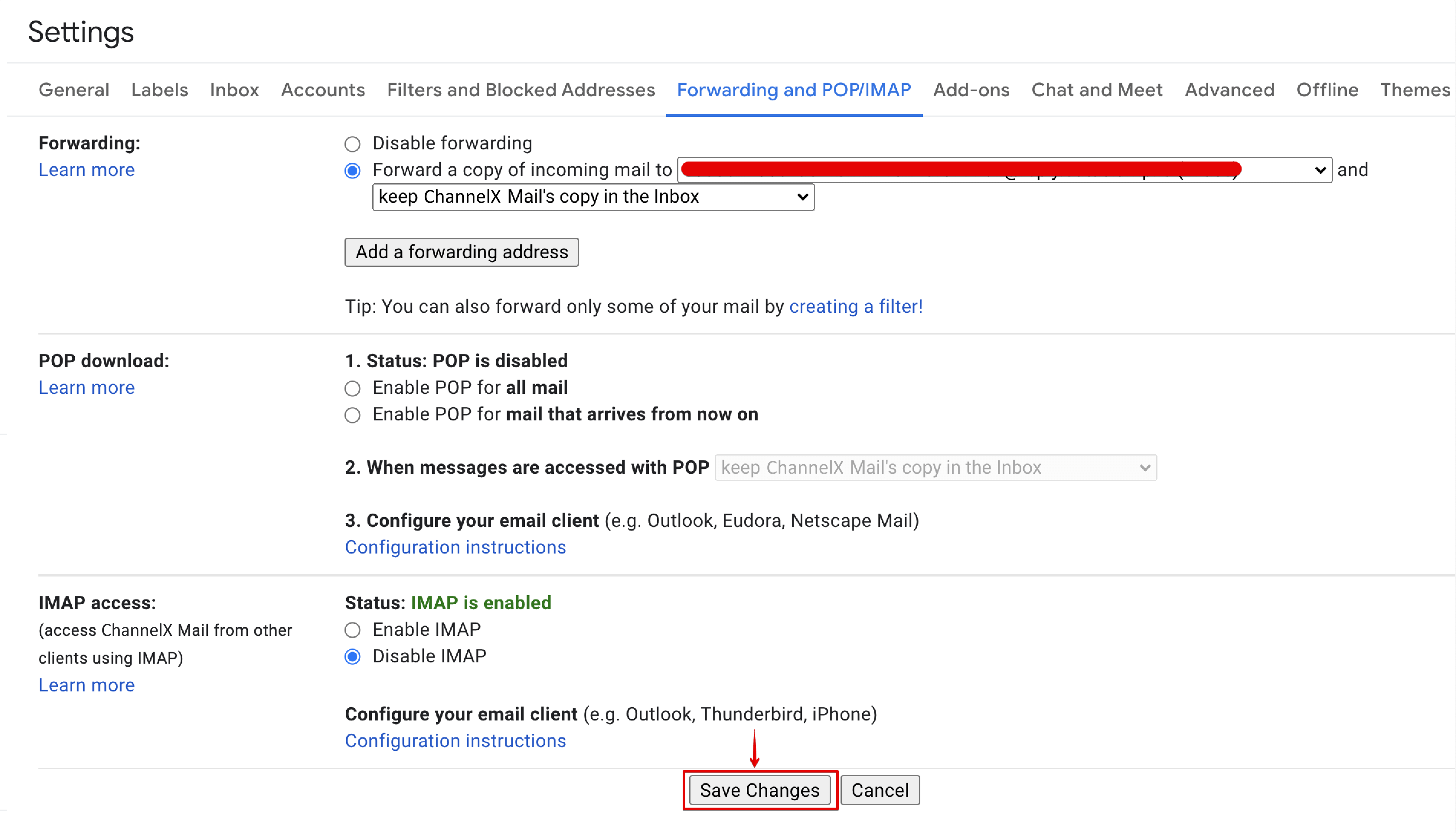 Copying the forwarding address from the Configuration tab
