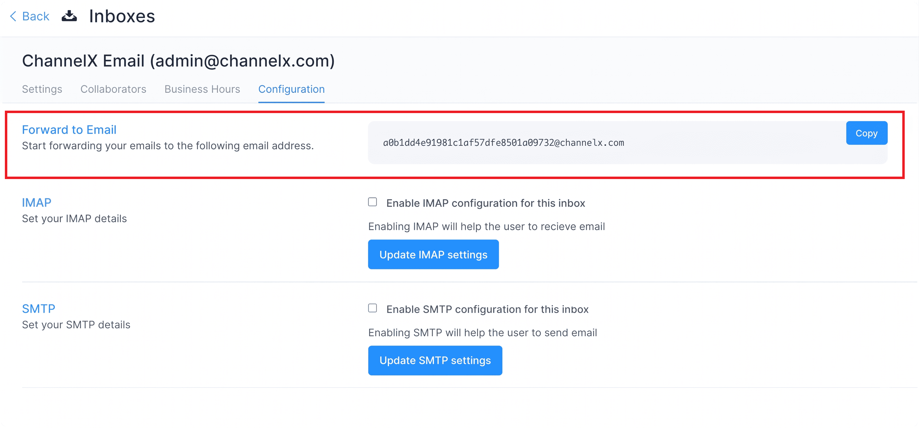 The Forward to Email settings in ChannelX
