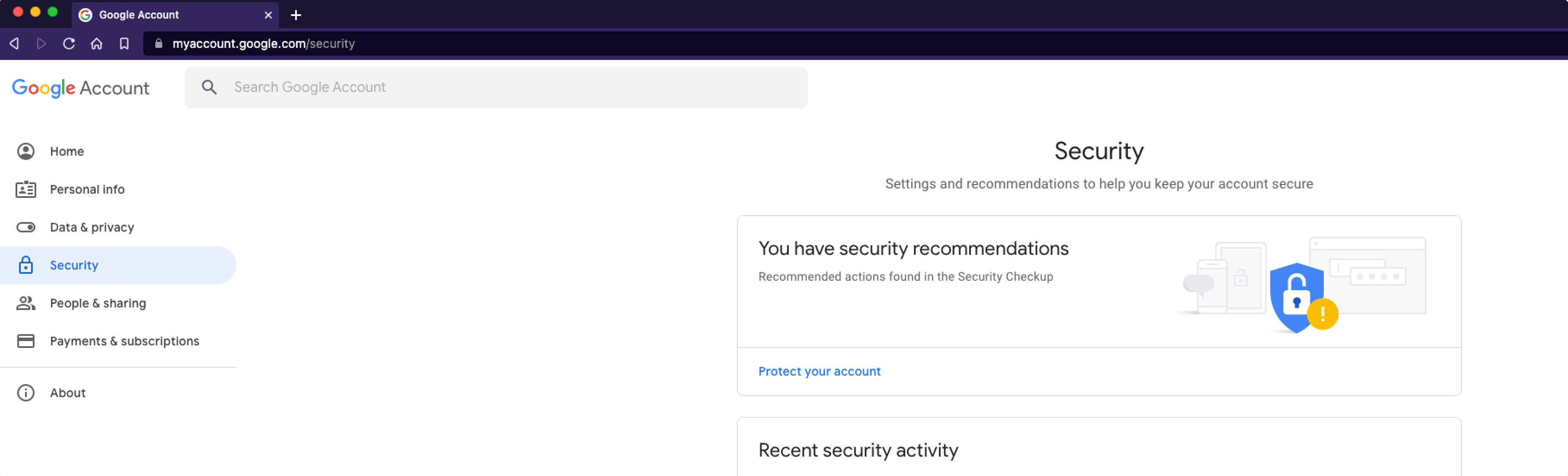 Google Account security showing app password option