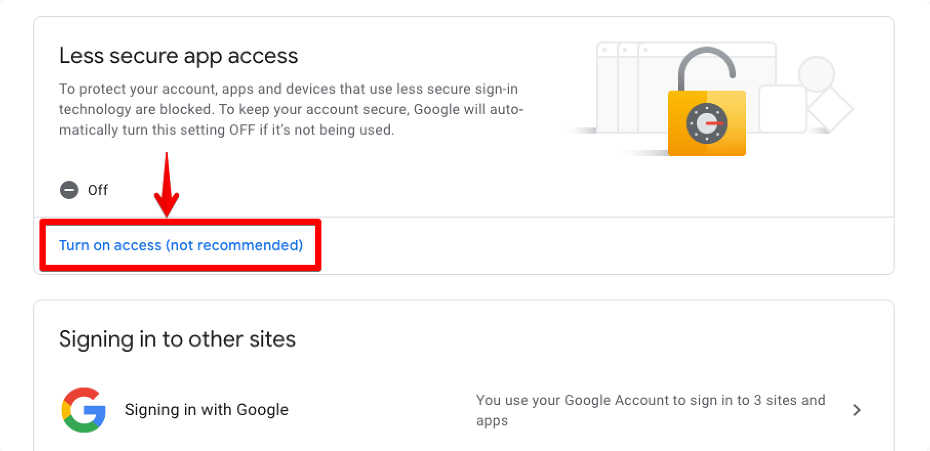 Enabling less secure app access in Gmail