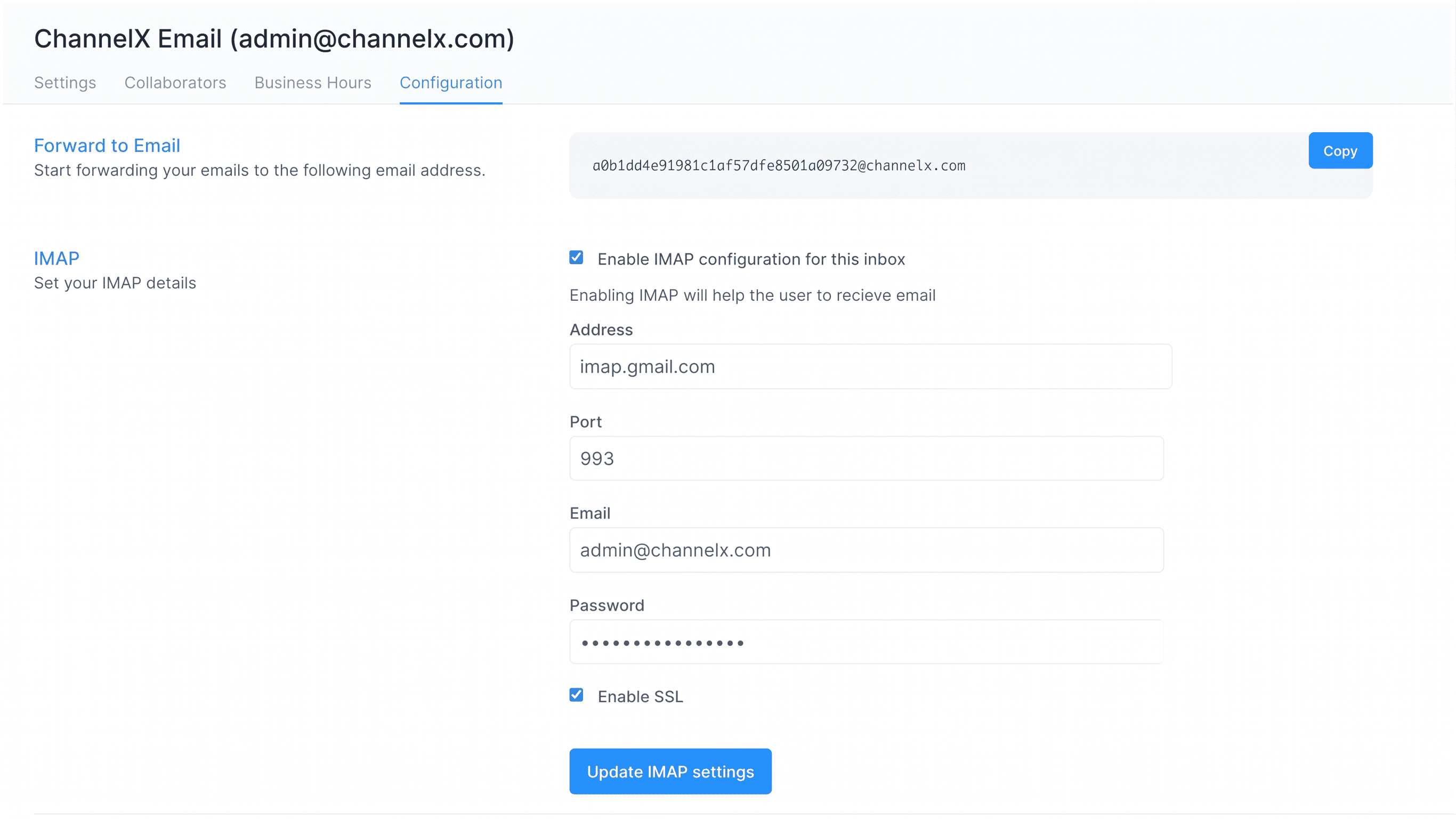 The IMAP configuration screen