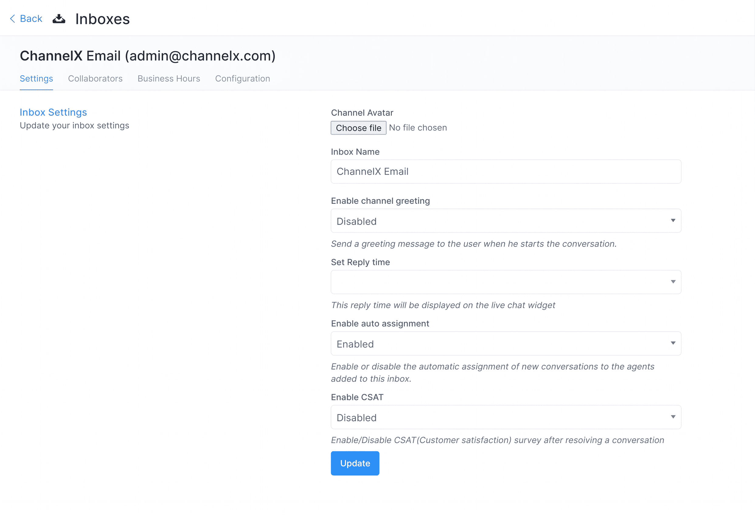 Email inbox settings for SMTP