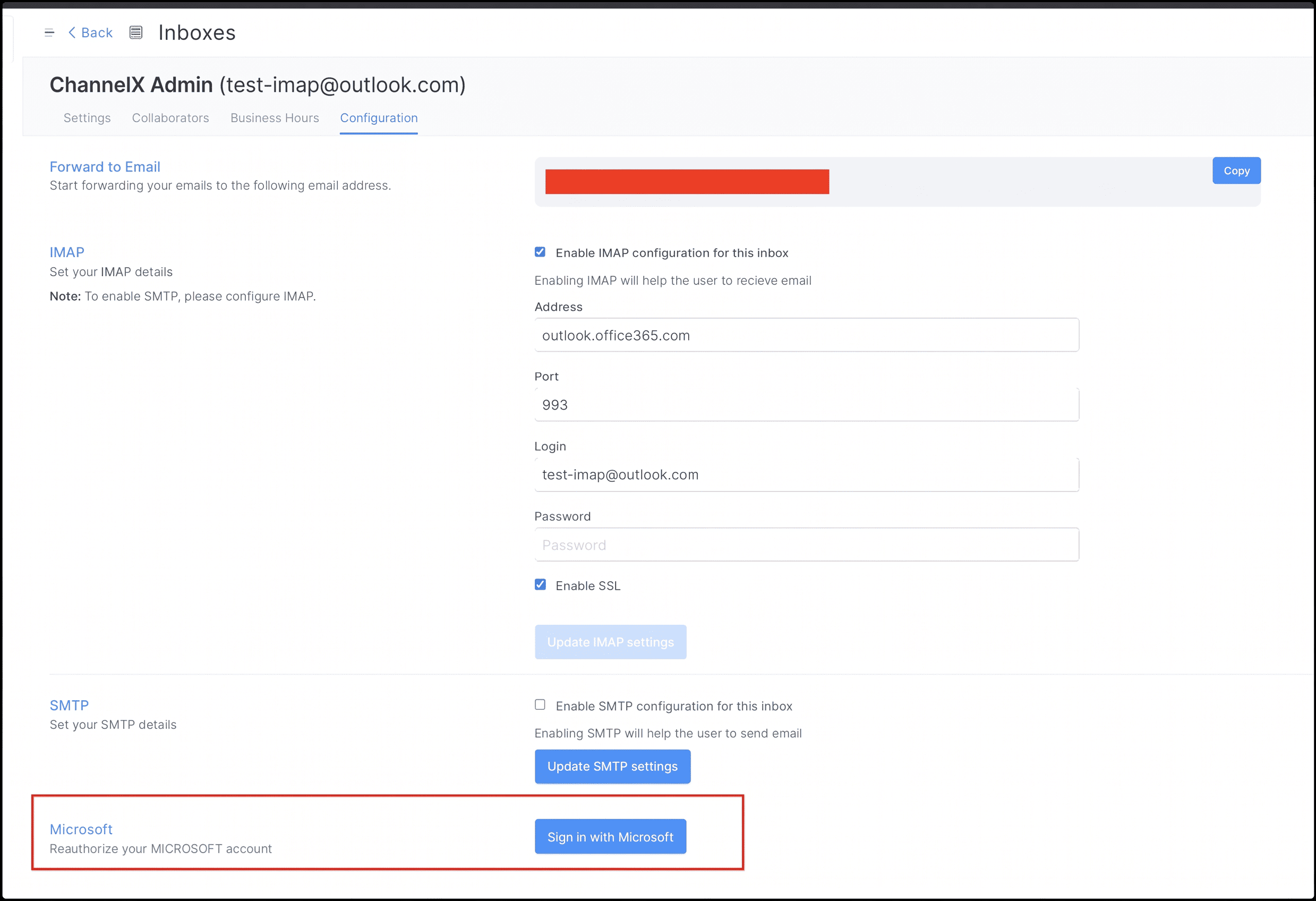 The Microsoft email configuration tab
