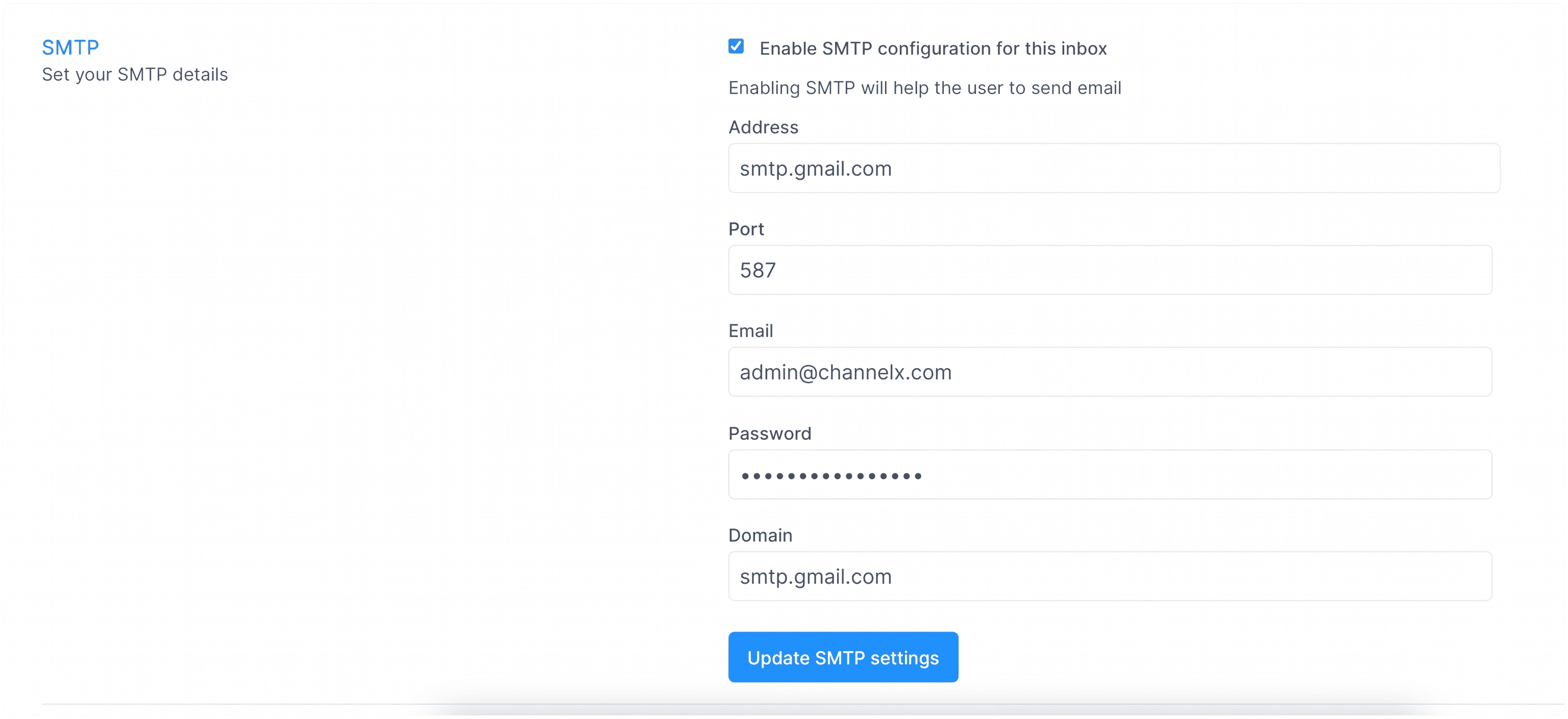 The SMTP configuration screen