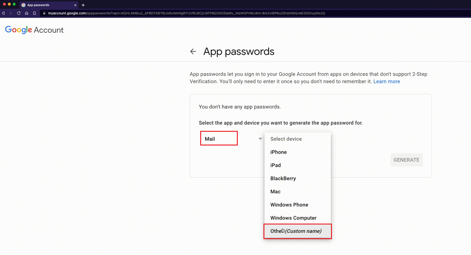 Selecting the app and device for an app password