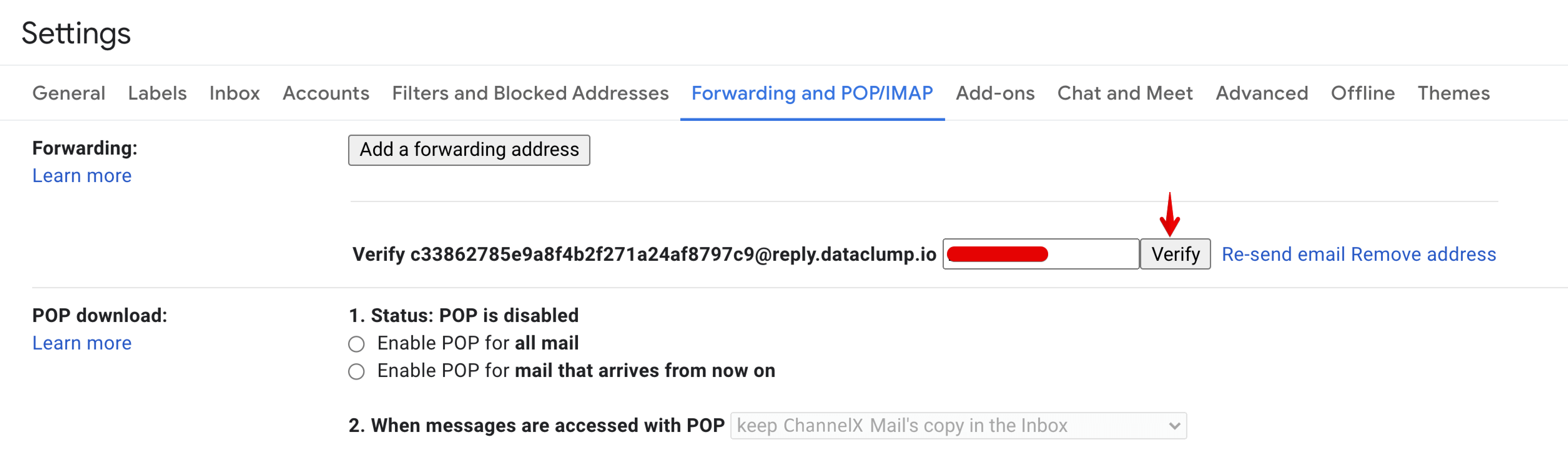 Verifying the forwarding address in Gmail