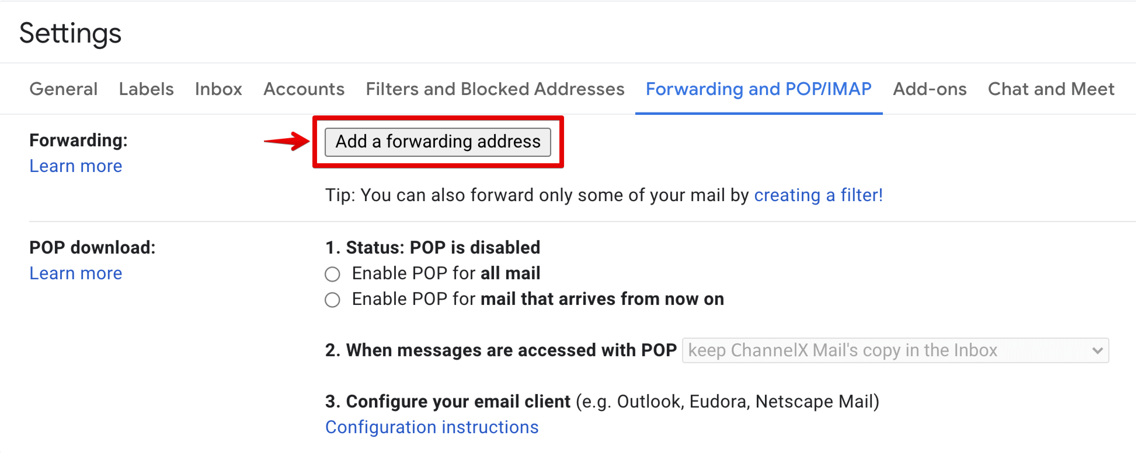 Adding a forwarding address in Gmail