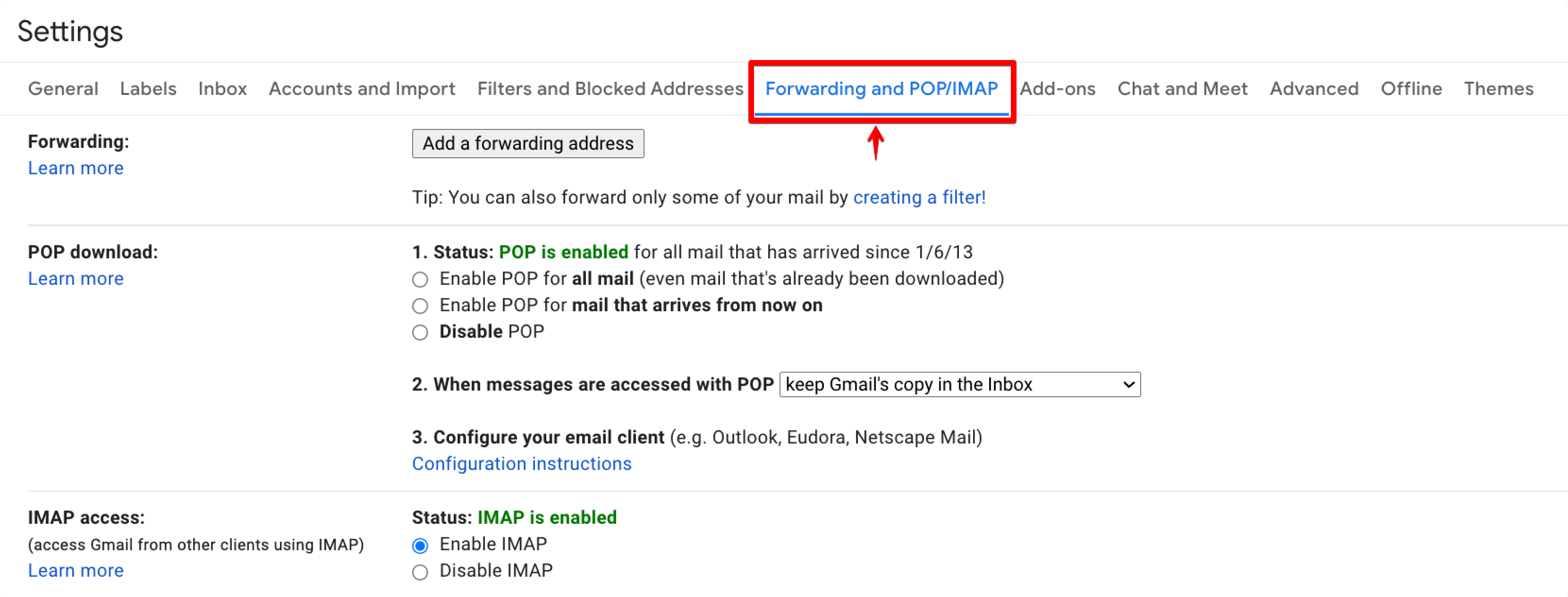 Forwarding settings in the email provider