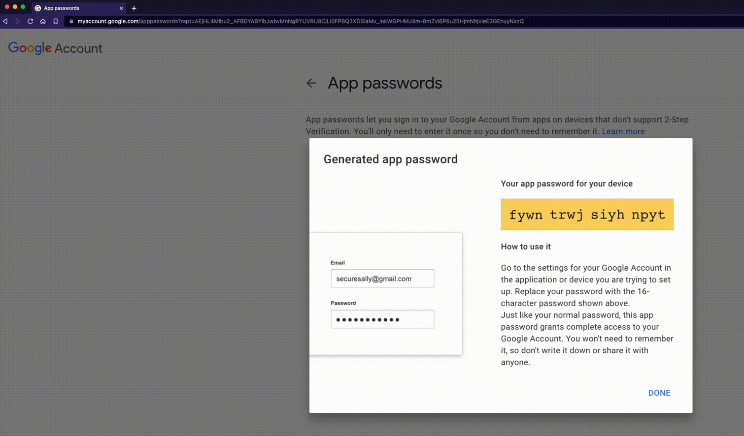 The generated Gmail app password