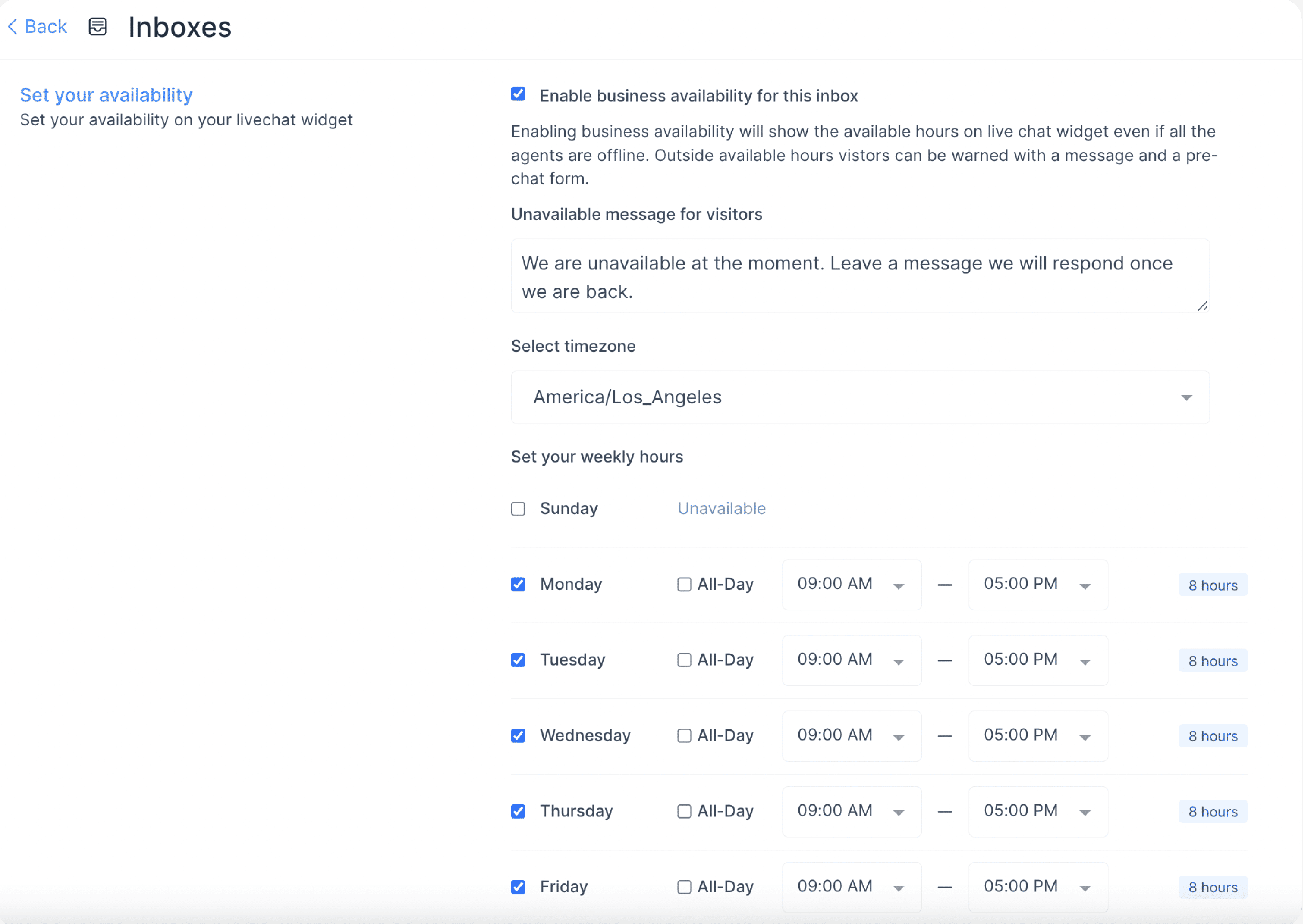 Configured business hours for the Facebook inbox