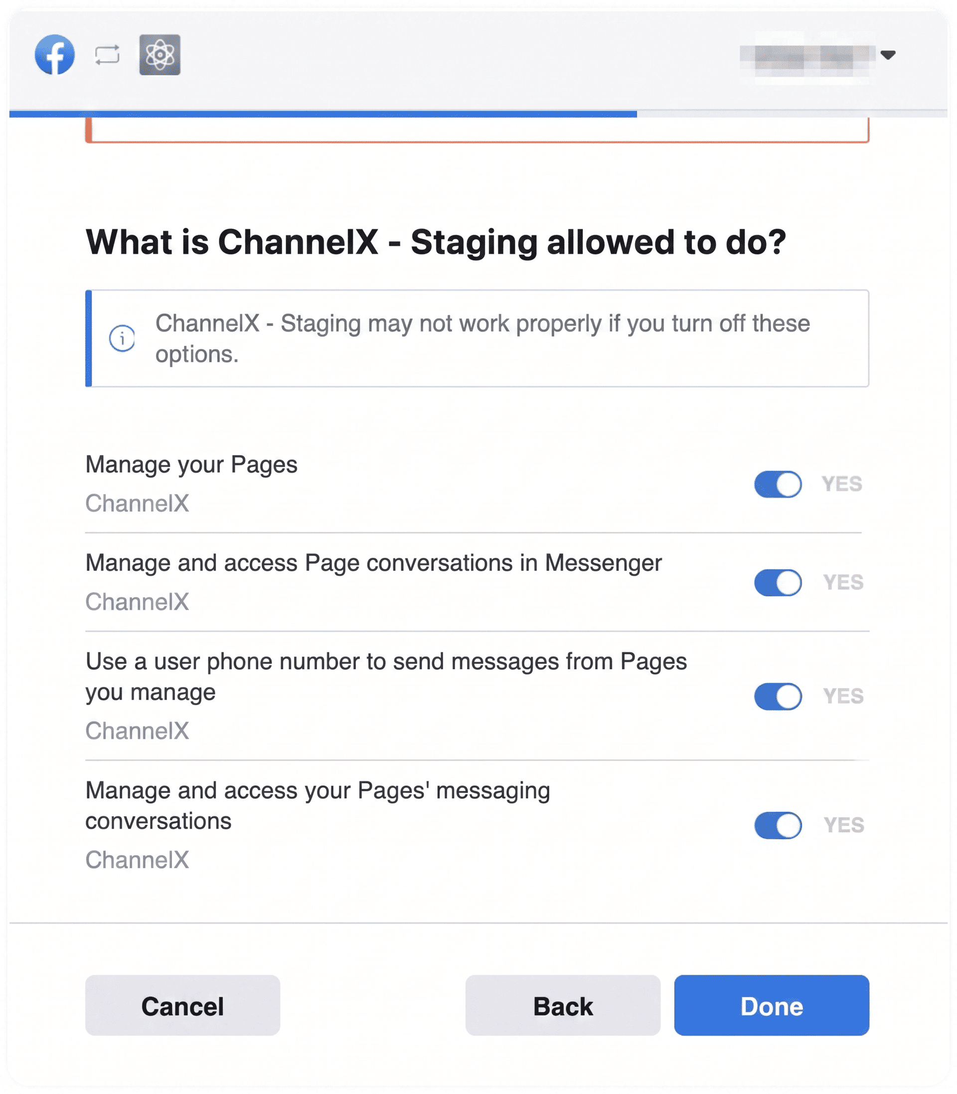 Granting ChannelX permissions on Facebook