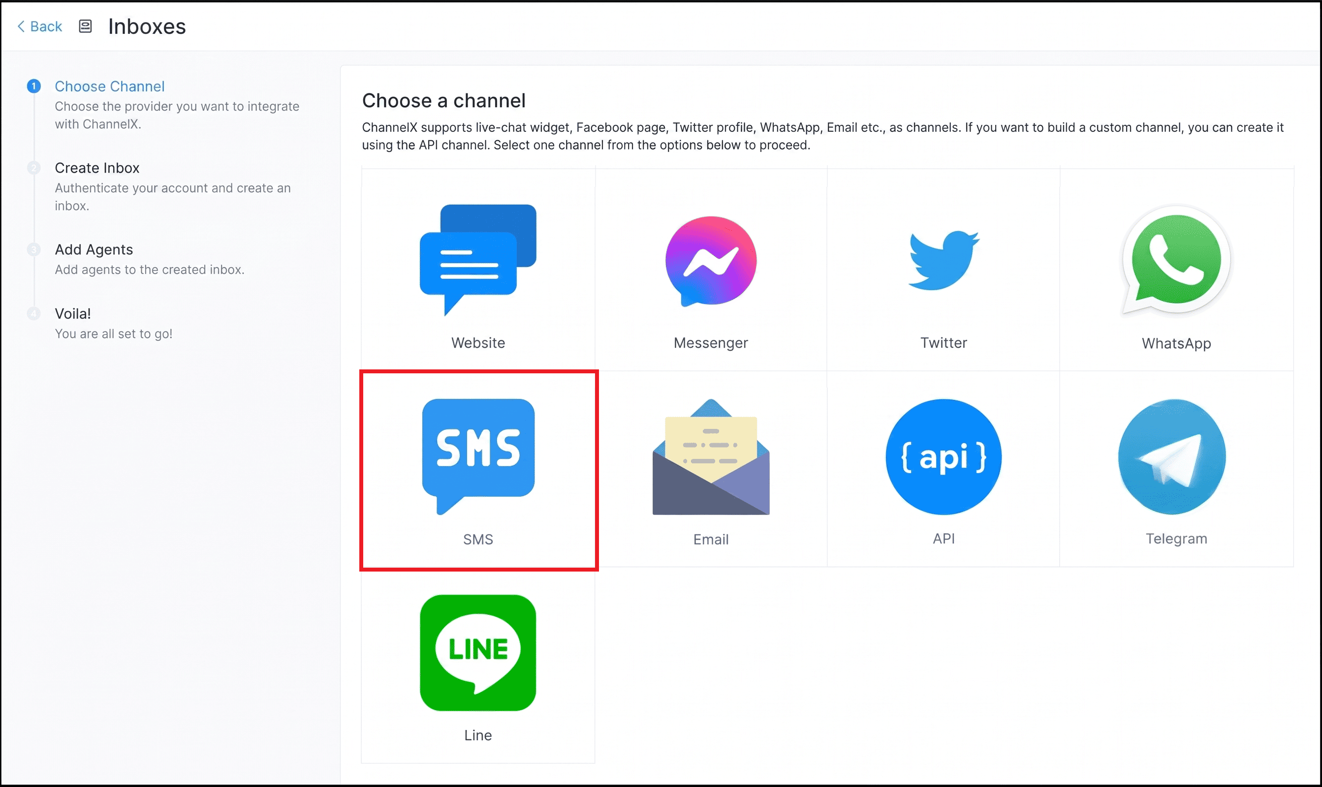 The configured SMS inbox in ChannelX